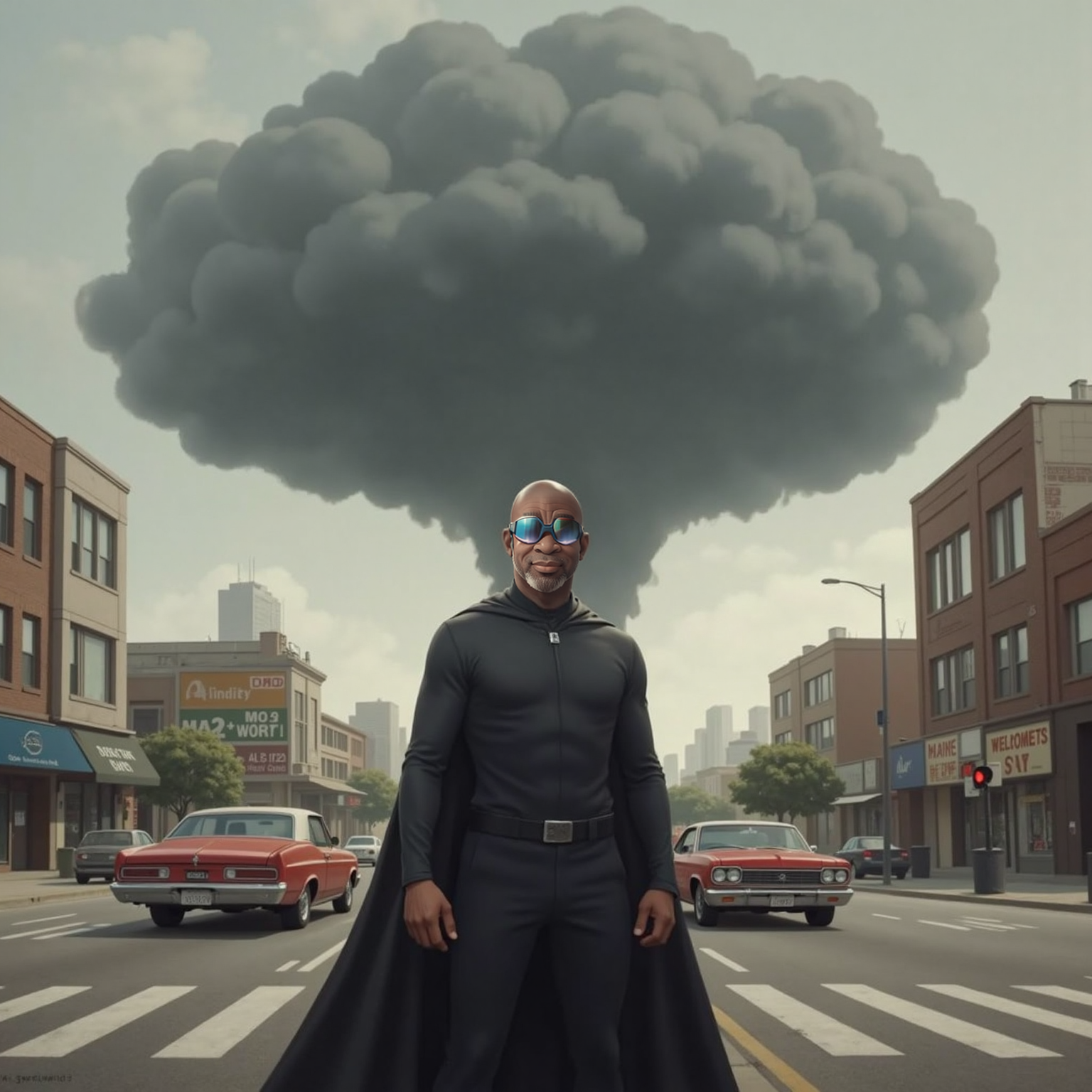 Under an overcast afternoon sky on Hope City’s main avenue, a swirling gray cloud called The Worry looms above faded billboards. Captain Faith stands at a crosswalk, watching upwards with calm determination, hands clenched at his sides.