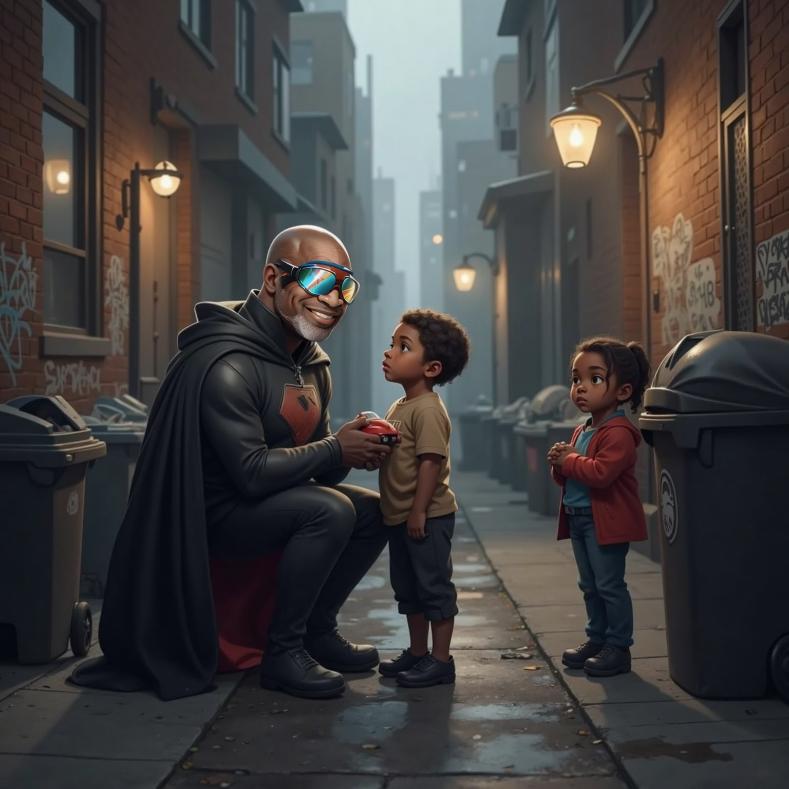 In a gloomy downtown alley during late afternoon, Captain Faith kneels beside a small boy clutching a toy car, comforting him amid the gray haze. Nearby, a little girl watches anxiously, streetlights flickering on despite the daylight.