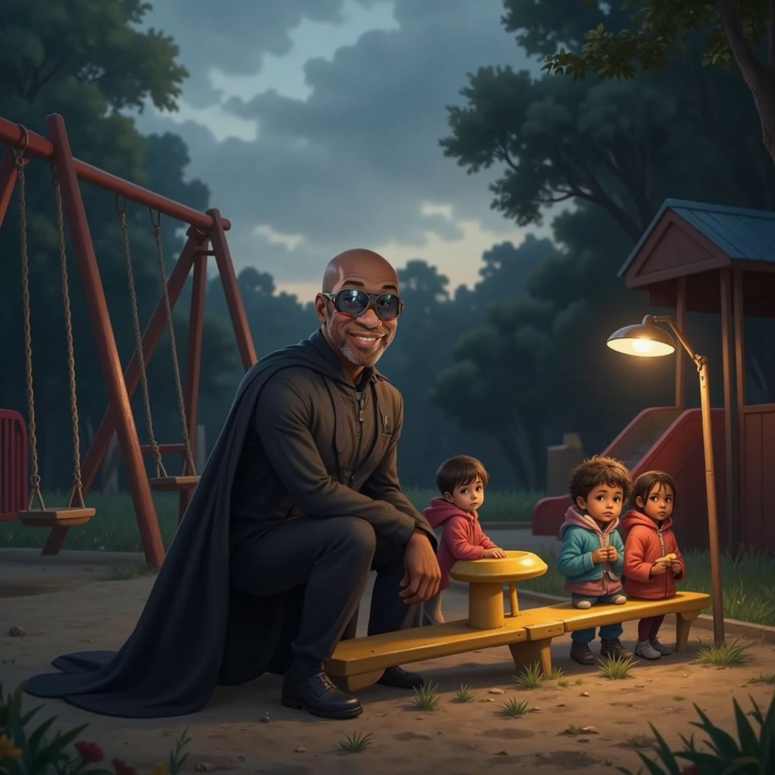 At the shadow-covered playground on a cloudy evening, Captain Faith kneels beside a seesaw, his posture steady and reassuring amid silent swings. Children huddle with parents near dim park lamps, watching his calm smile reflect faint light.