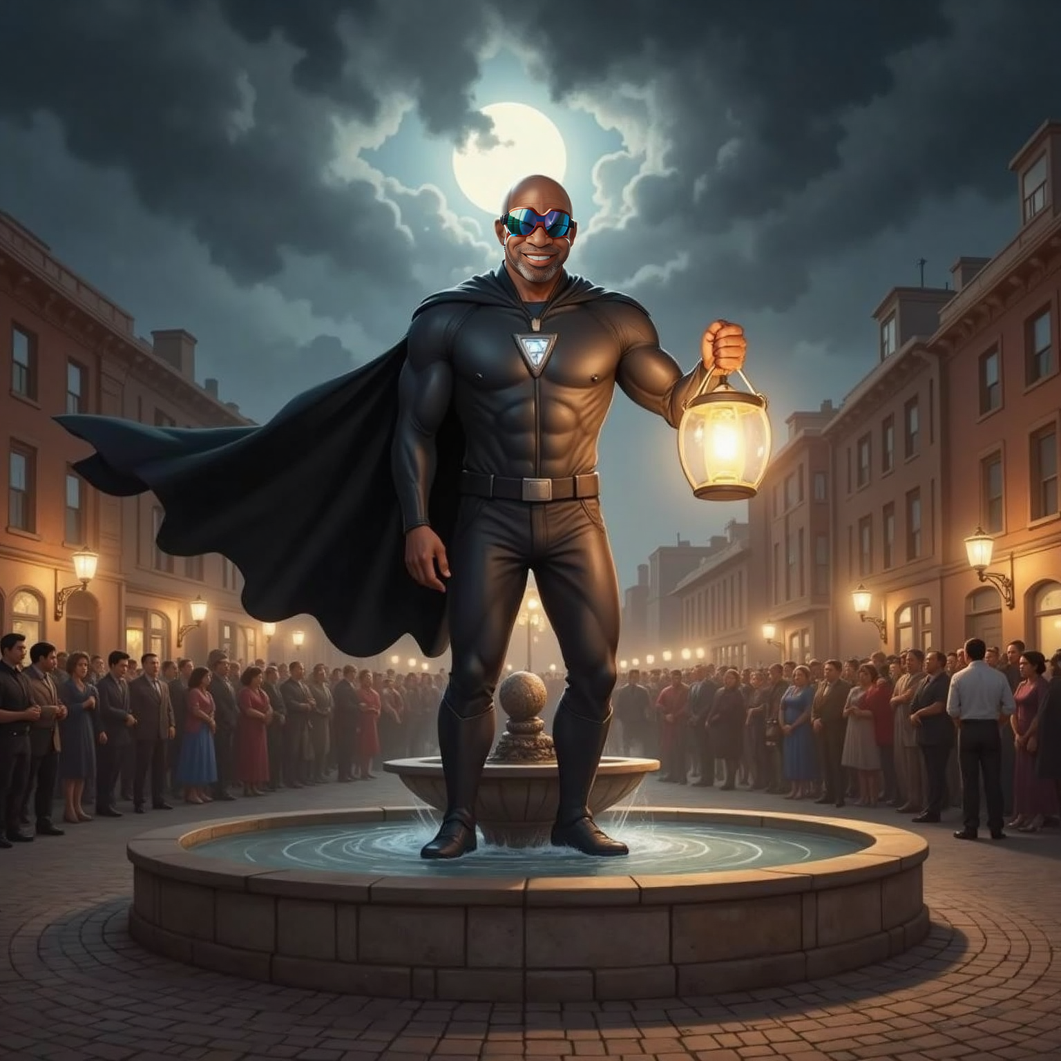 In Hope City’s central square at dusk, Captain Faith stands on a stone fountain ledge holding a softly shimmering lantern. Citizens gather in widening circles, faces lit by warm lantern glow while The Worry swirls overhead like a dark ceiling.