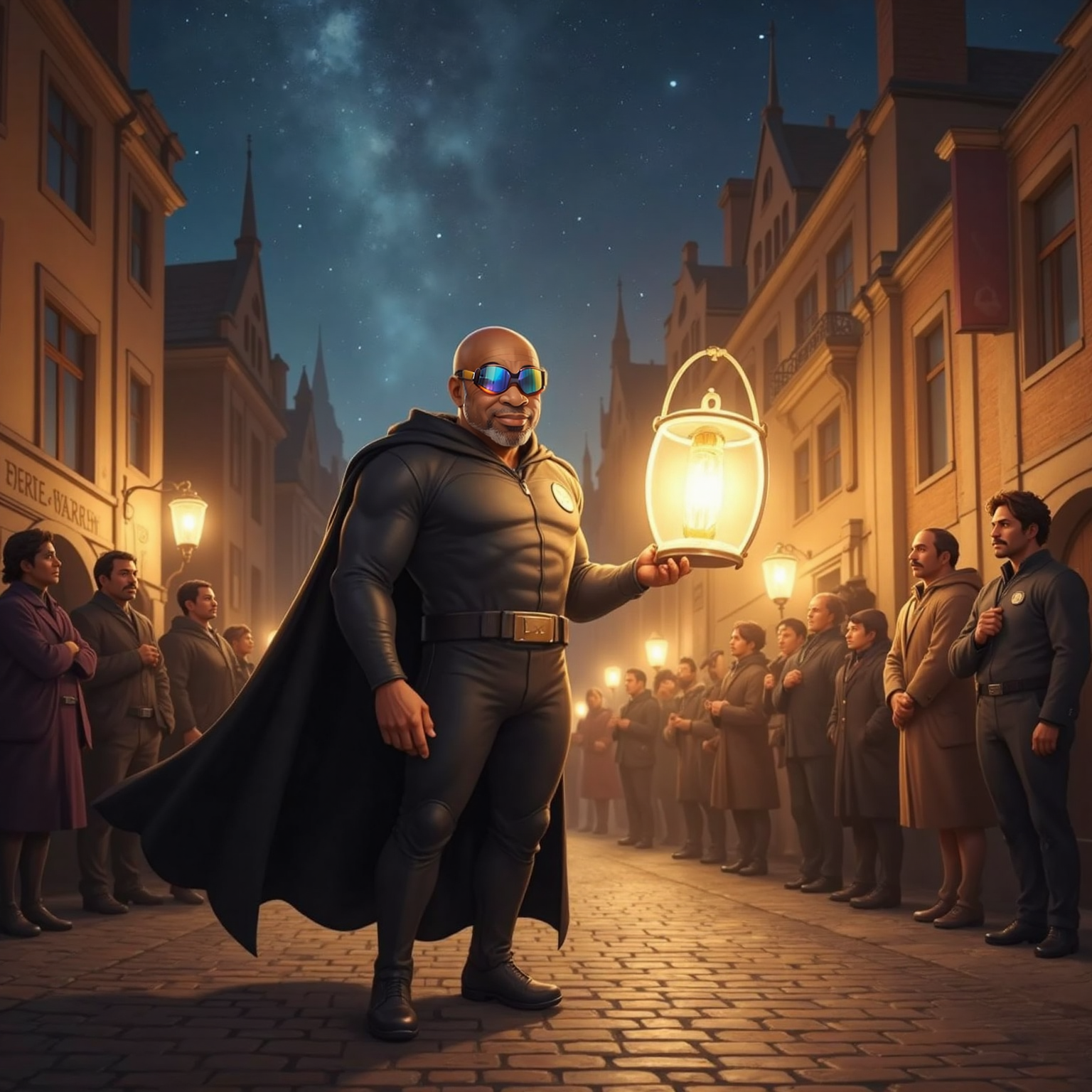 In the same square moments later, Captain Faith closes his eyes beneath night sky, lantern radiating brighter golden light that bathes cobblestones. The hushed crowd watches in awe, their faces illuminated against receding shadows.