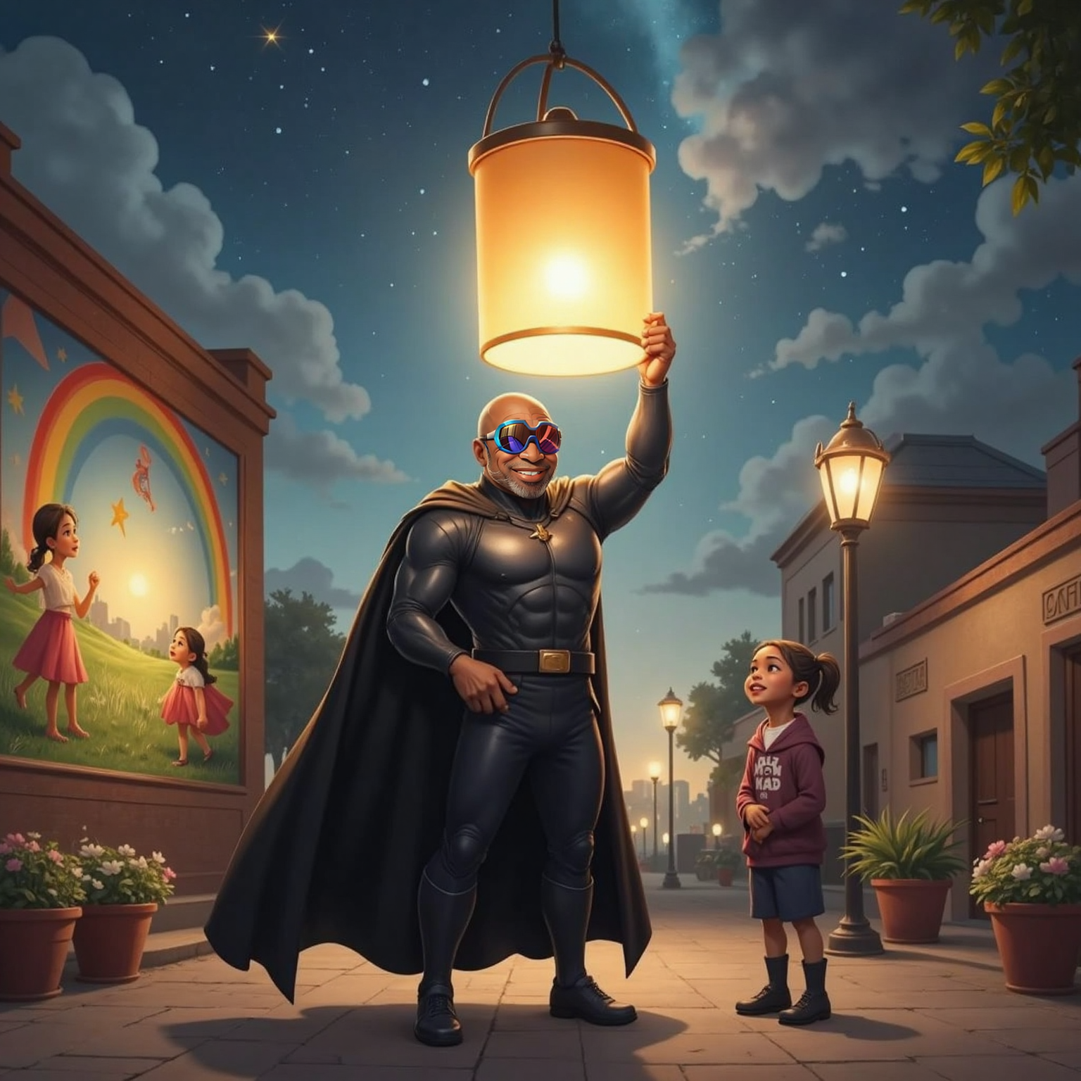 Under early-night stars in the square, Captain Faith lifts the glowing lantern high, its beams pushing back the thinning gray cloud. Faded murals regain color behind him, and two nearby citizens gasp with relieved smiles.