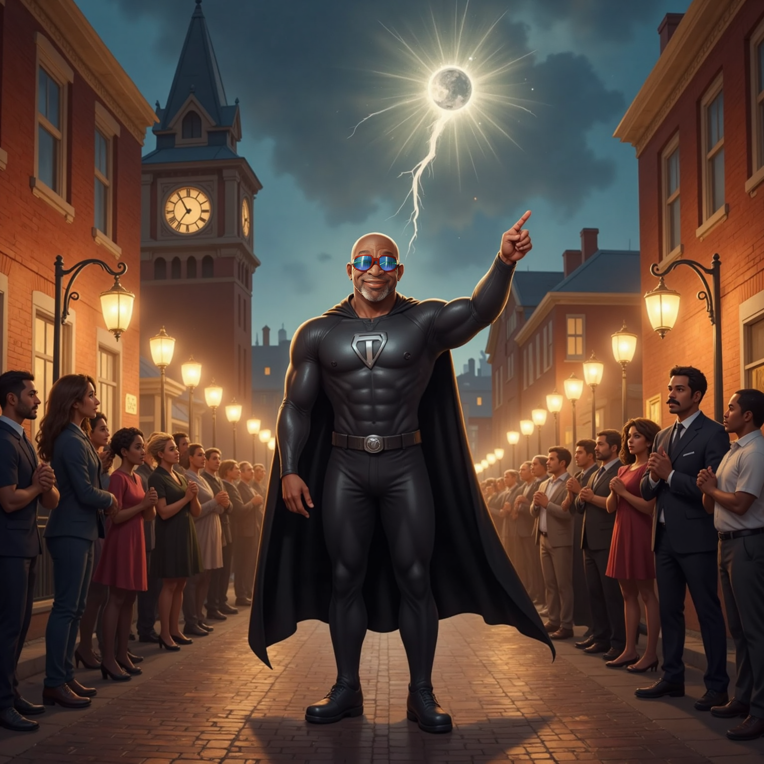 In the lantern-lit square before midnight, Captain Faith points toward The Worry as it trembles above, edges frayed by amber light. People clasp hands in small groups around him, whispering prayers while their upturned faces glow warmly.