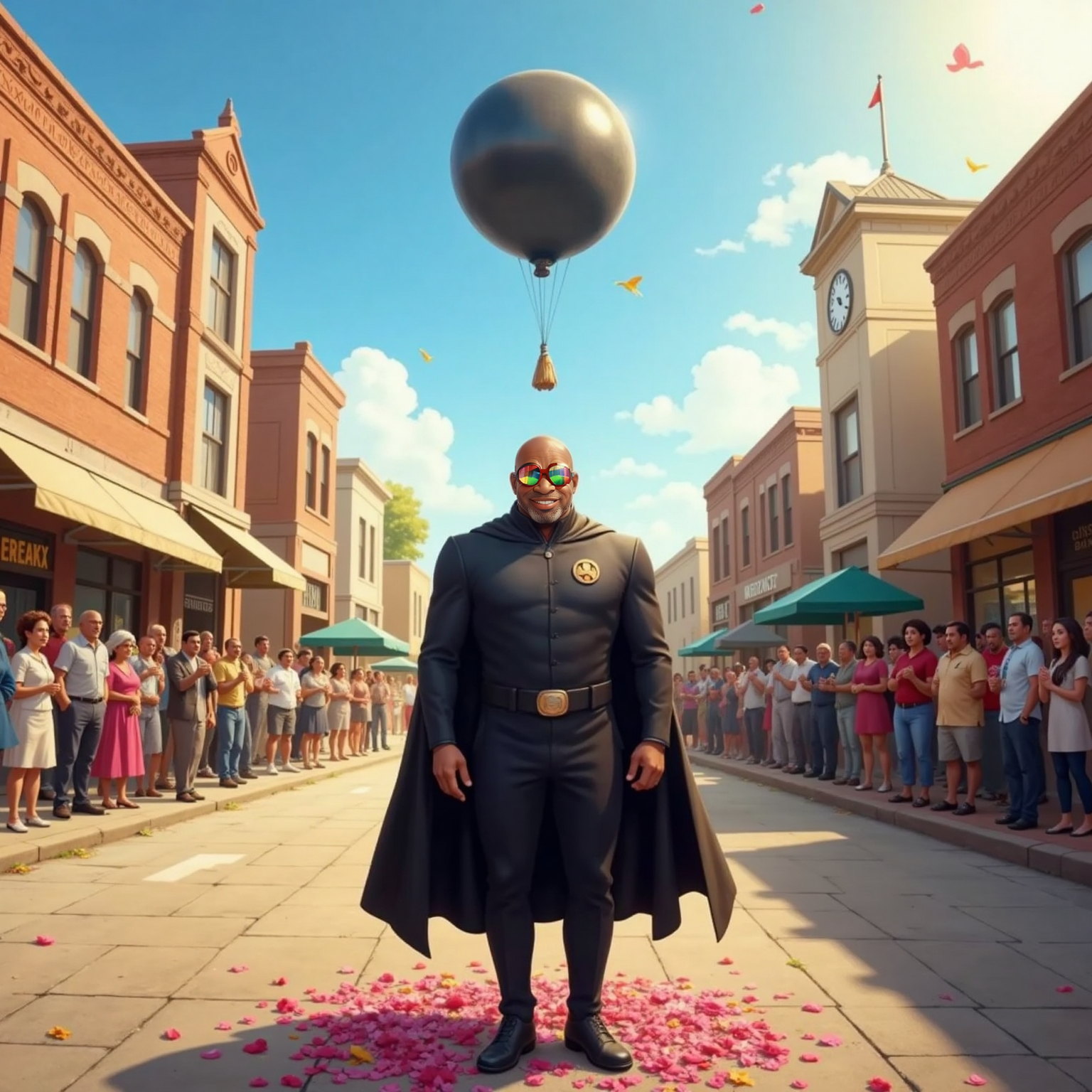 Mid-morning sunshine floods the main boulevard as The Worry drifts away like a shrinking balloon high above bright rooftops. Captain Faith bows humbly in the street’s center while cheering citizens toss flower petals that scatter across the sunlit pavement.