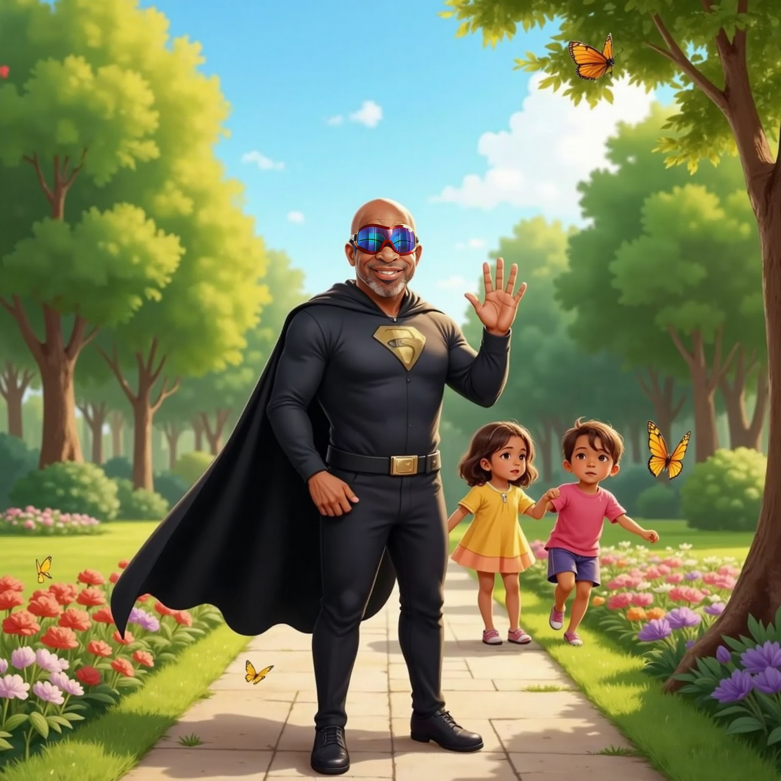 In a vivid afternoon park, Captain Faith stands near a blooming garden path, waving happily toward strolling families. Children chase butterflies through colorful flowerbeds under clear blue sky, reflecting Hope City’s renewed spirit.