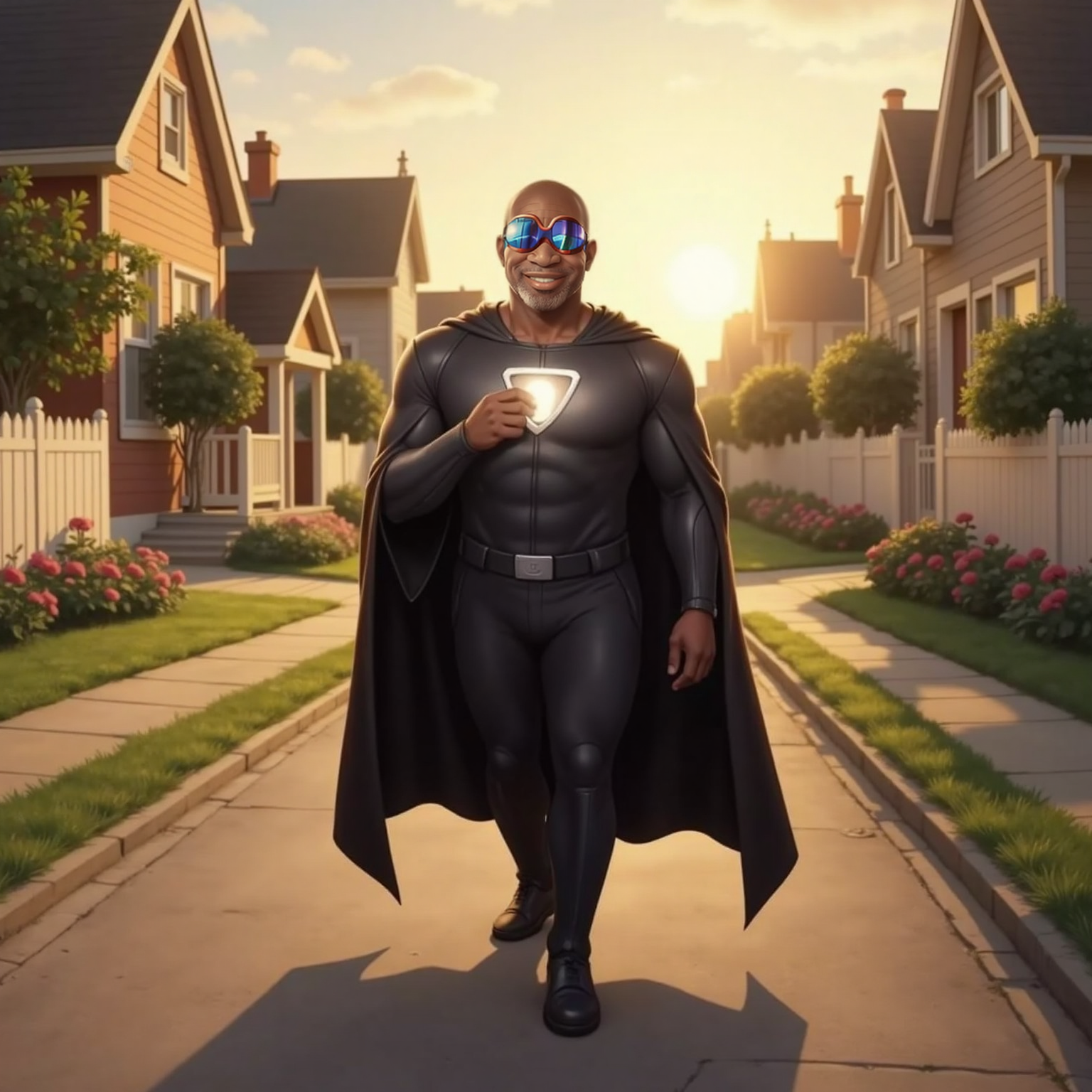 On a quiet residential lane in late-day sunlight, Captain Faith walks toward his cottage, touching a hand to his chest where light seems to glow. Passing neighbors nod with newfound confidence as golden sunbeams stretch across picket fences.
