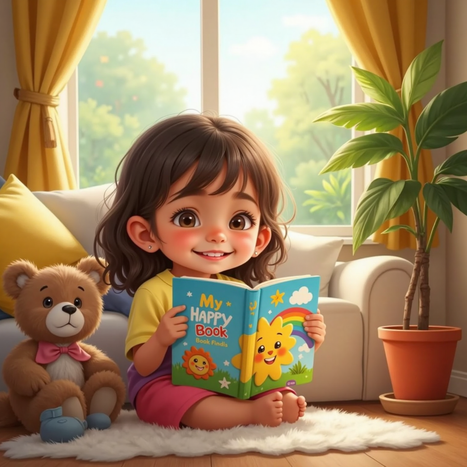 Indoors under bright light, show a lovely book that a cute girl hugs, and the name of the book is "My Happy Book"