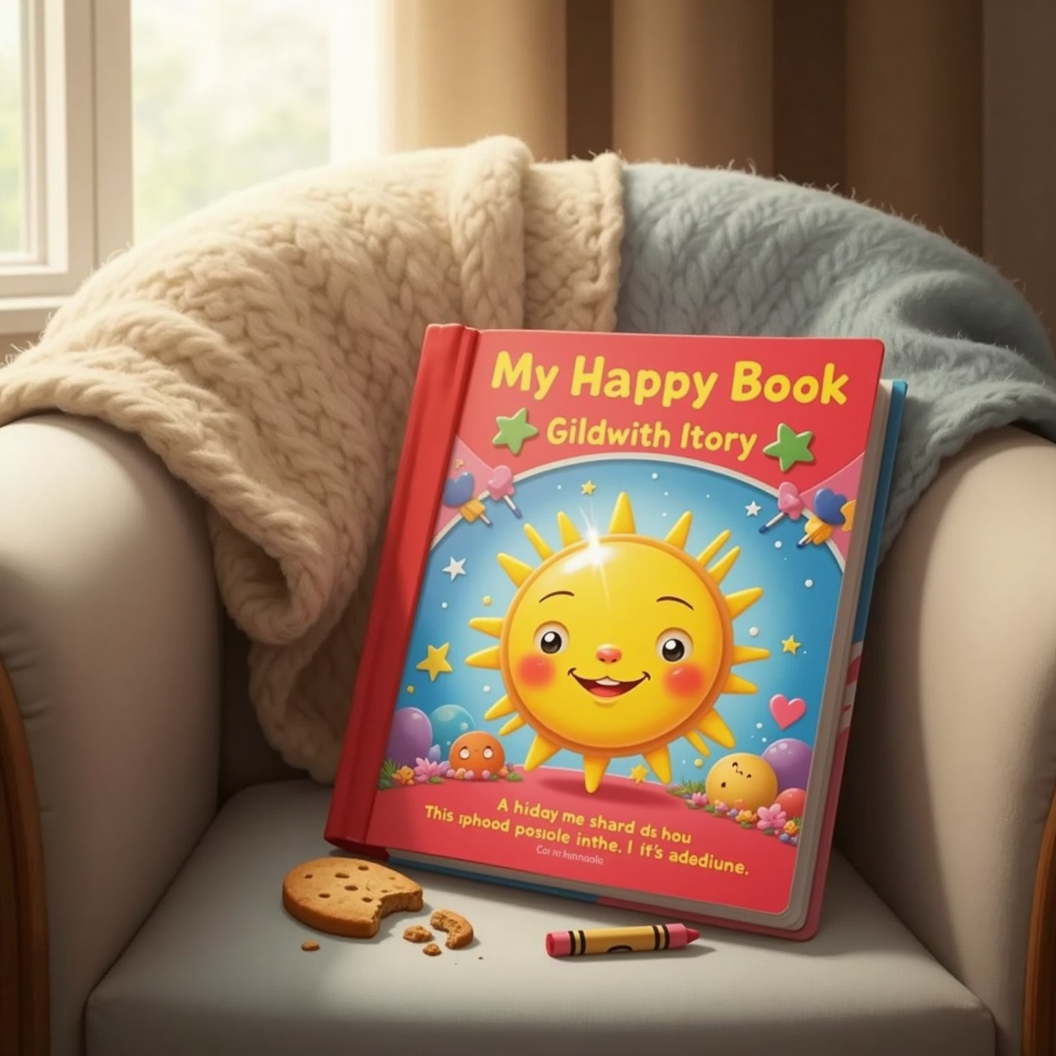 Indoors in the same softly lit space, a book with red and blue cover and the title is "My Happy Book", writtem by Mary and Jack