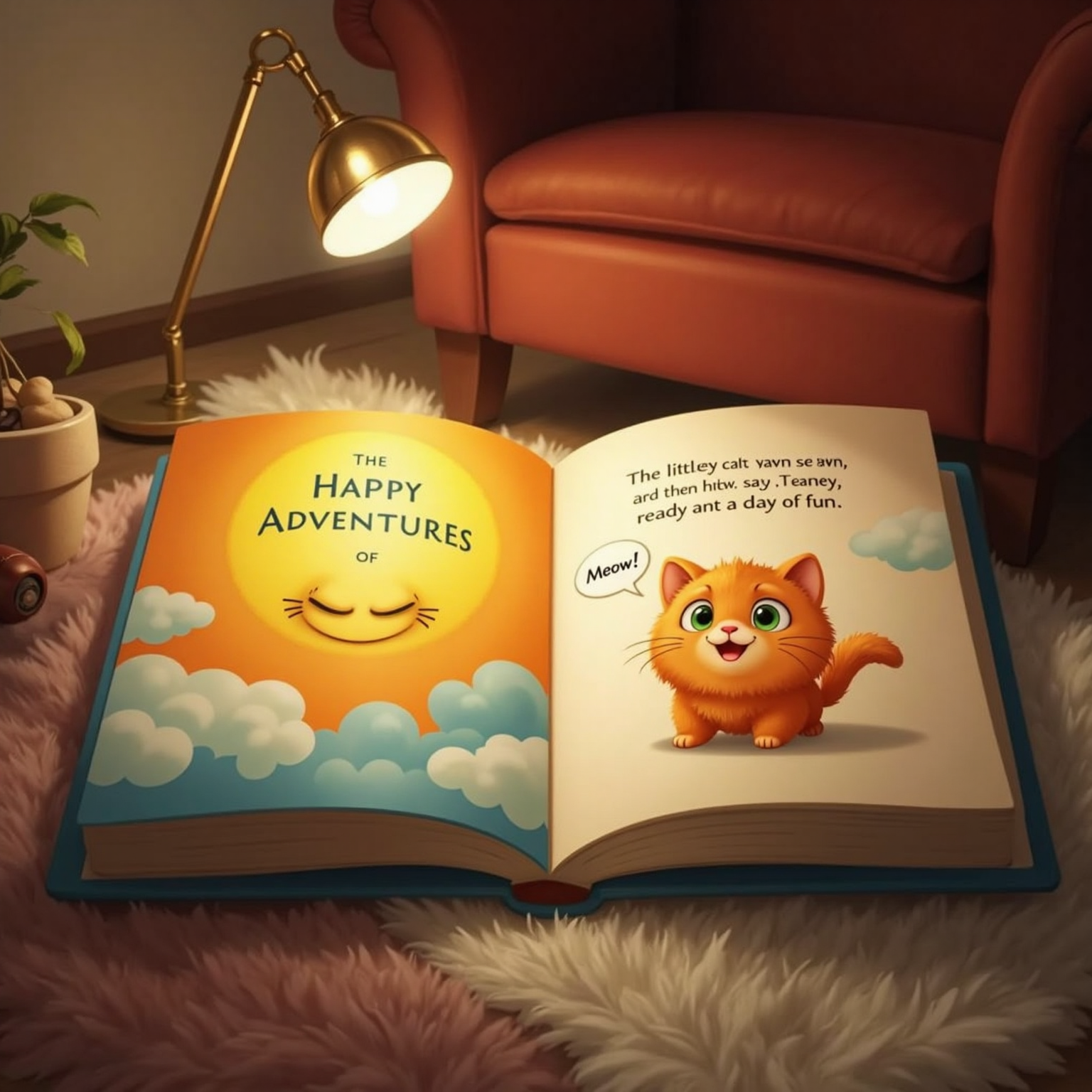 Indoors beneath gentle lamplight, opened book where the page can be seen and a picture of a cat who meow