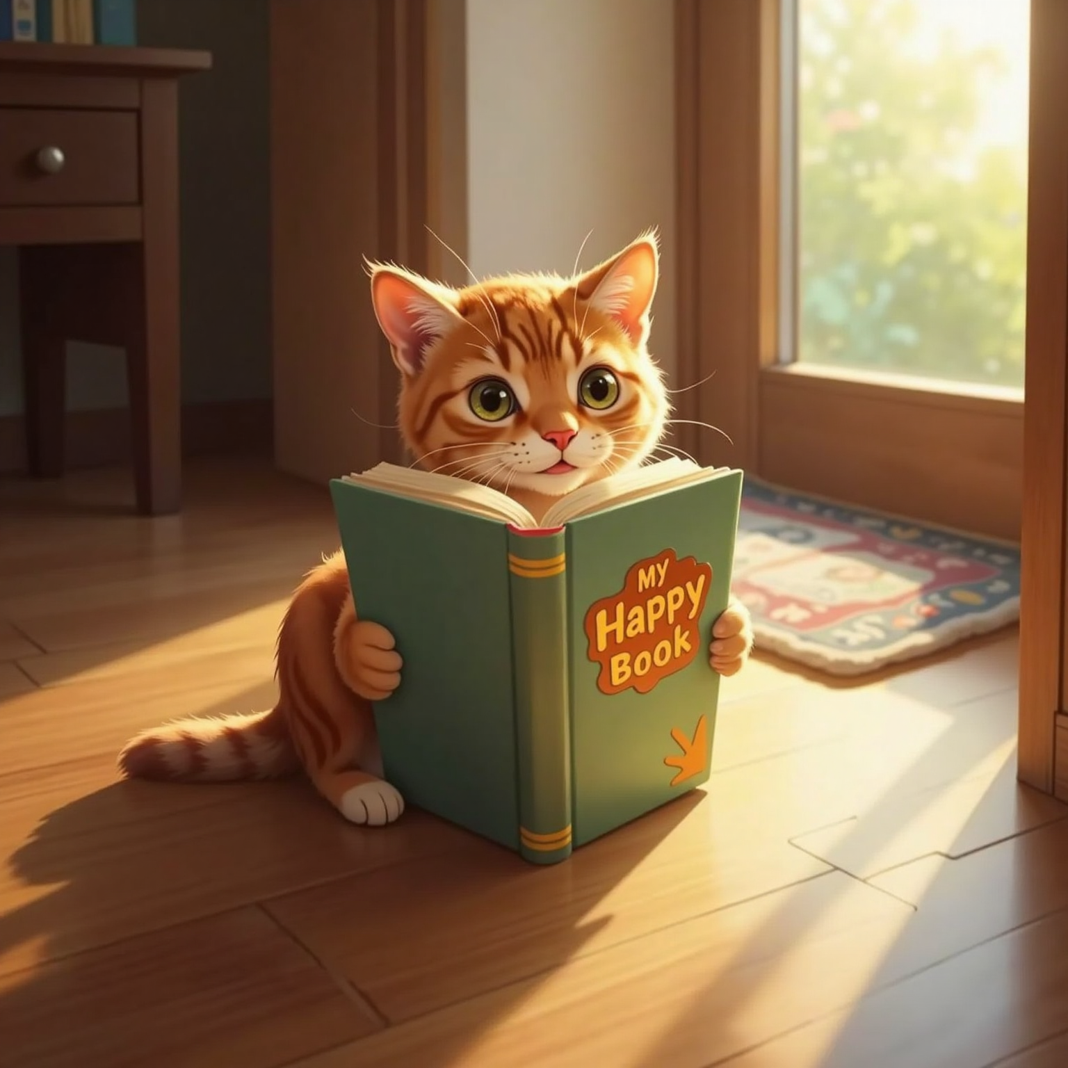 Indoors with morning rays streaking in, showing a bright book shining, the cover is red, the title i "My Happy Book", and a cat is looking with happy face from behind the book