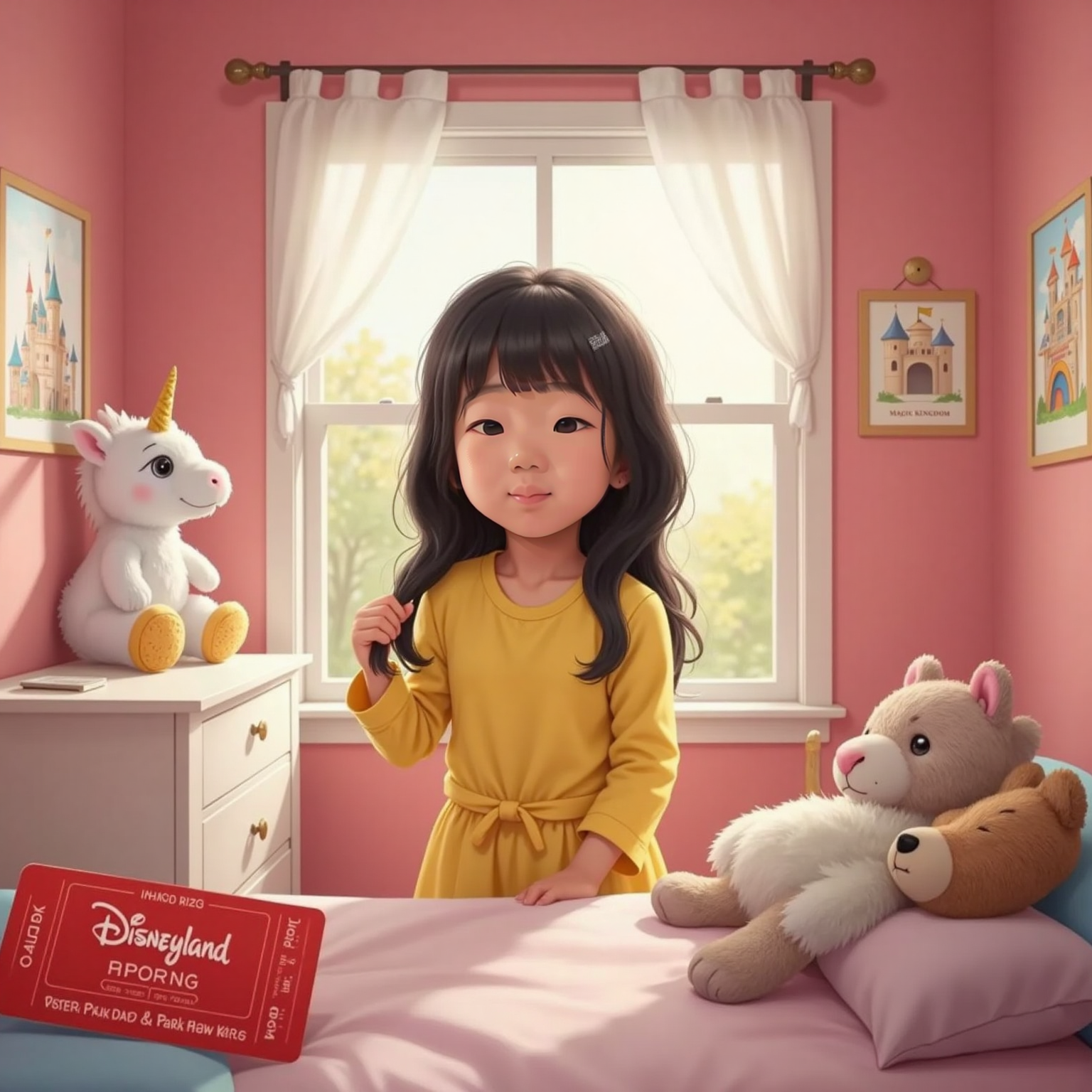 Morning sunlight fills Mia's pink bedroom; she stands beside her bed braiding her long black hair before a Disneyland ticket lying on the dresser. Stuffed animals watch from the pillows, capturing her eager smile.