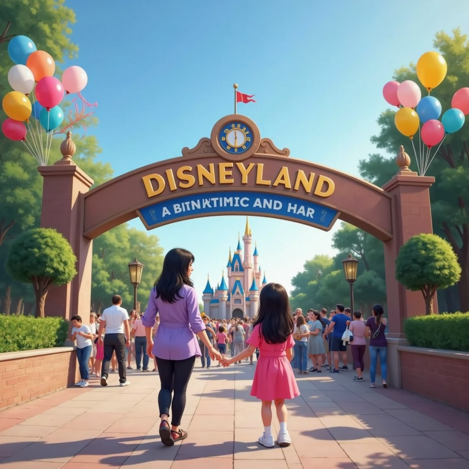 Bright morning light bathes the Disneyland entrance; Mia holds Mia's mom with shoulder-length black hair wearing a lavender blouse's hand while pointing at Cinderella's distant castle, colorful balloons bobbing above the cheerful crowd.