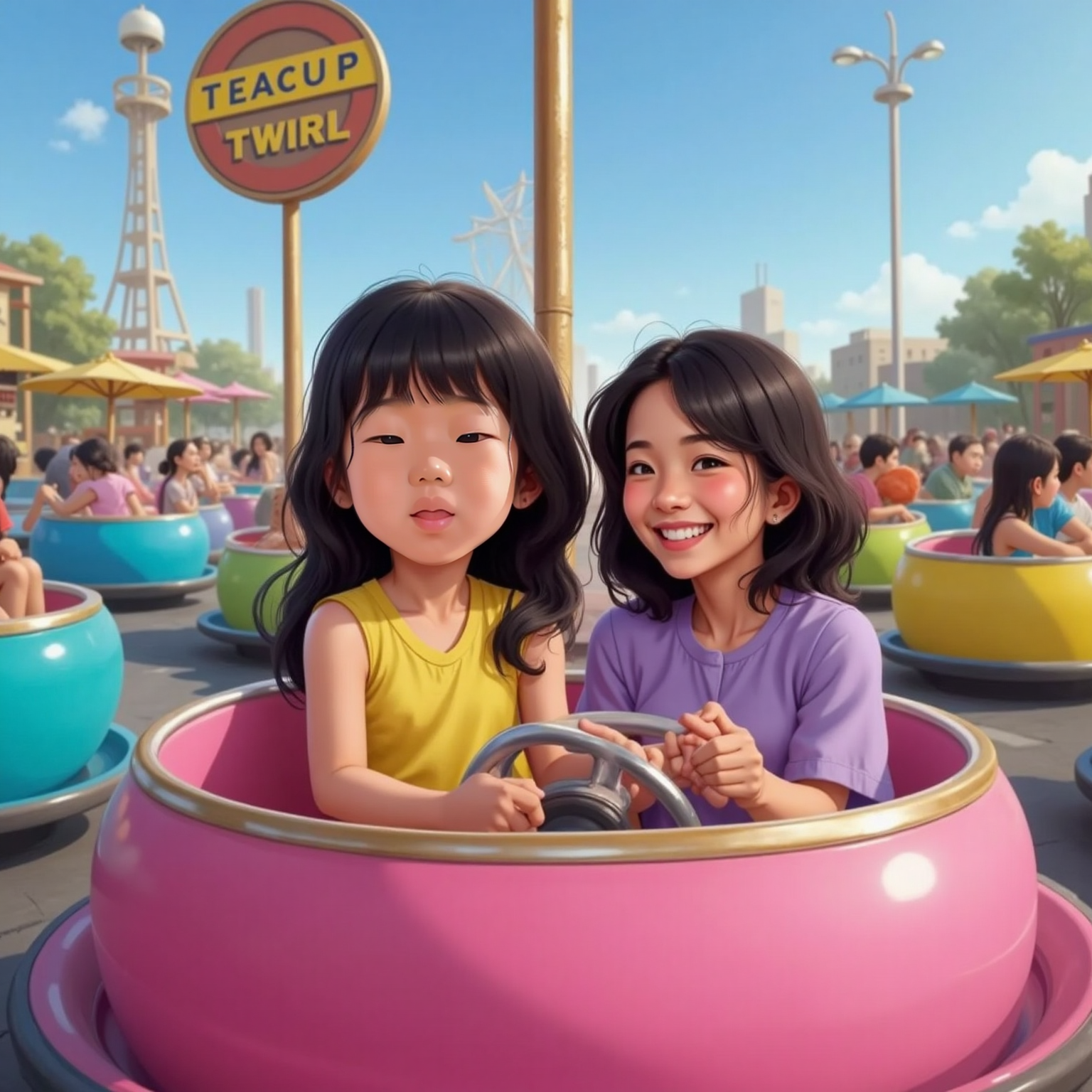 Mid-morning sun glints off the outdoor teacup ride as Mia and Mia's mom with shoulder-length black hair wearing a lavender blouse sit inside a swirling pink cup, both laughing, Mia gripping the silver wheel amid whirling pastel cups.