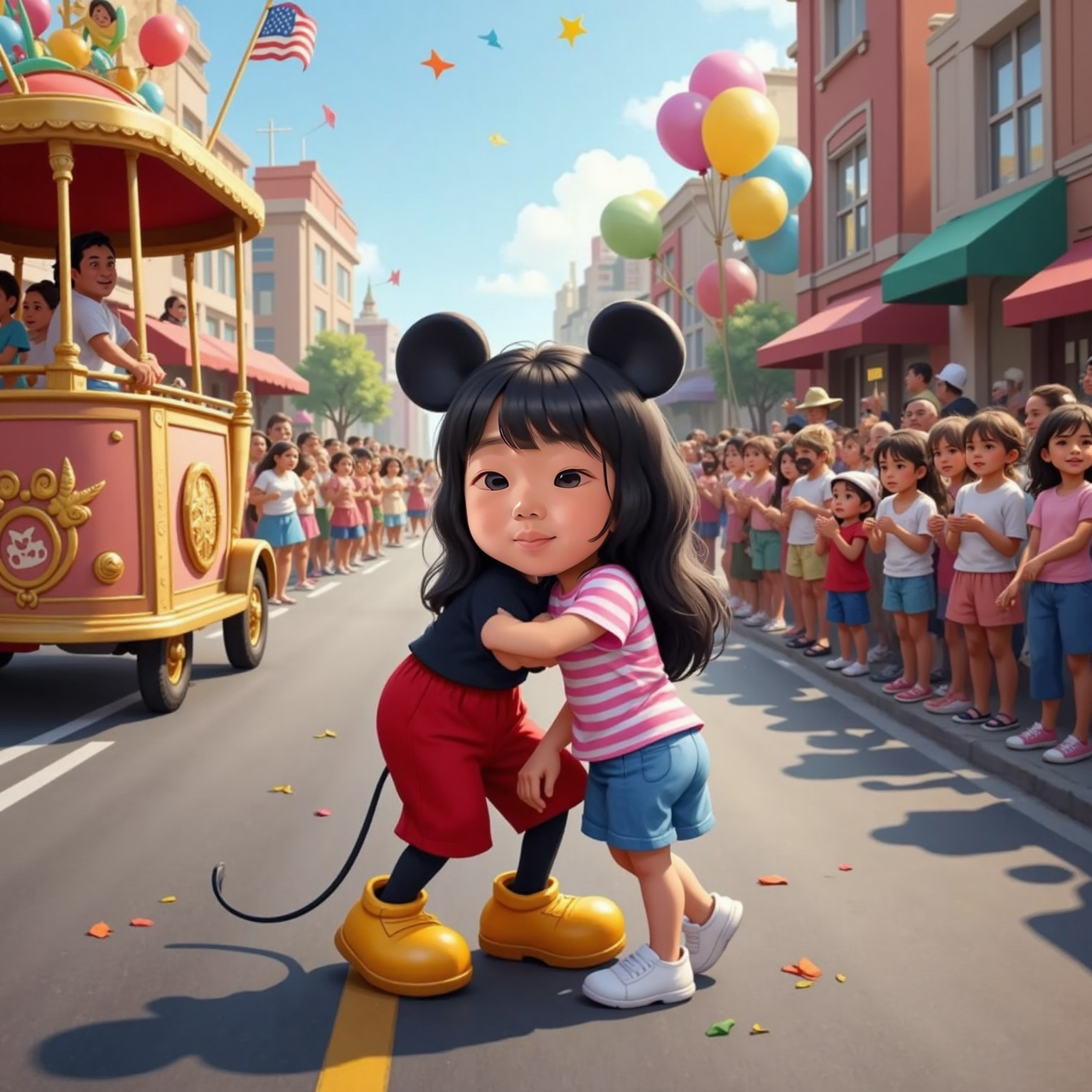 Along the sunny parade street, Mickey Mouse in his classic red shorts and large yellow shoes kneels from a glittering float to hug Mia, streamers fluttering around them while spectators line the curb behind.