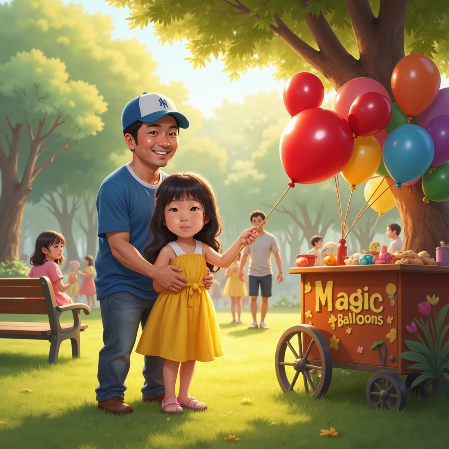 In afternoon sunlight beside a colorful balloon cart, Mia's dad with short black hair wearing a blue baseball cap hands Mia a bright red Mickey-shaped balloon, its string gleaming as she hugs it against the backdrop of strolling park guests.