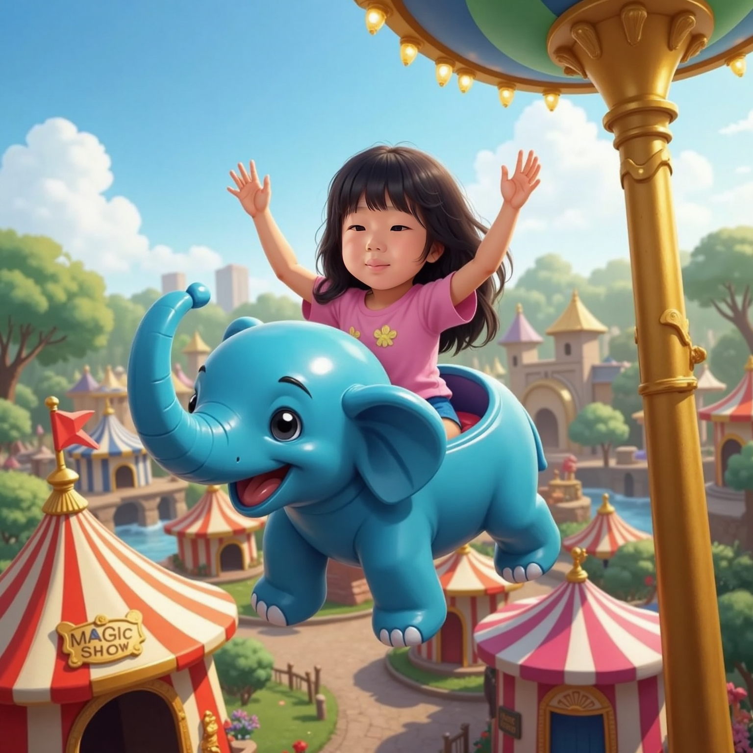 Under bright afternoon skies in Fantasyland, Mia soars in a blue flying elephant car above painted circus tents, arms raised gleefully as the ride's golden pole and twinkling lights frame her wide grin.
