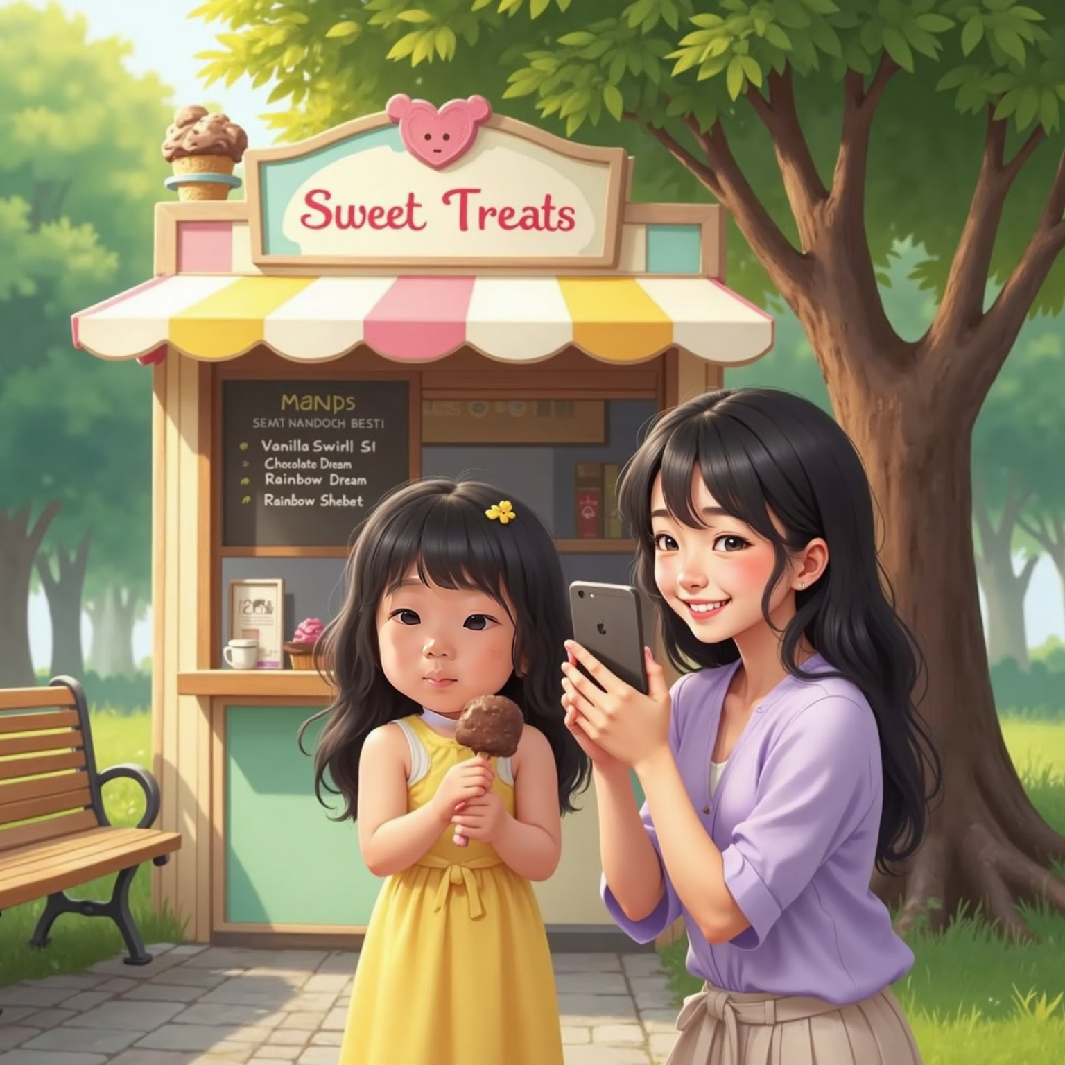 Late-afternoon light filters through trees near an ice-cream stand as Mia licks a chocolate-dipped Mickey bar, cheeks smeared, while Mia's mom with shoulder-length black hair wearing a lavender blouse snaps a playful photo on her phone.