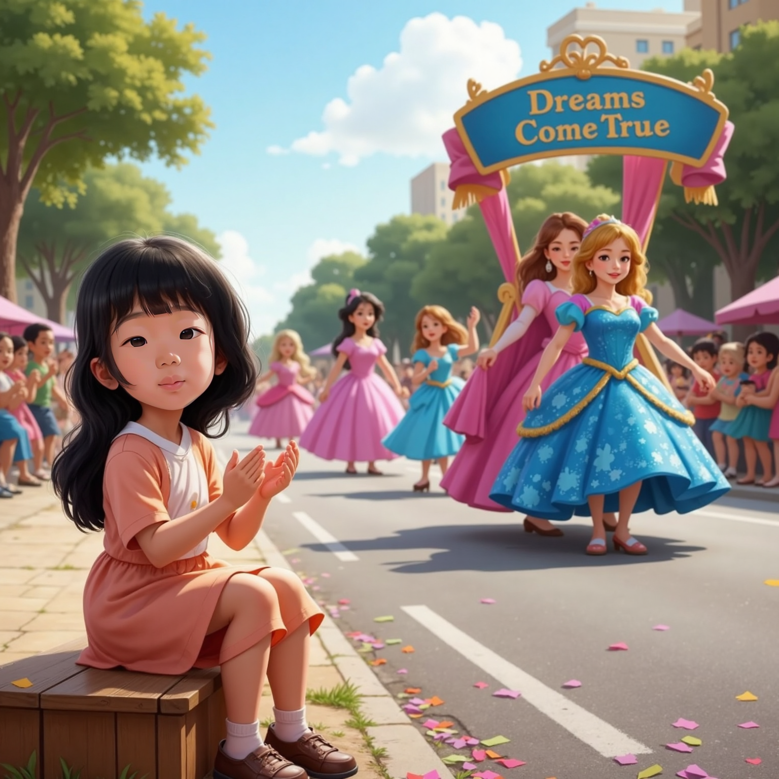 On a curbside bench beneath warm daylight, Mia claps enthusiastically as sequined dancers whirl past and a towering princess float glides down the avenue, confetti catching the sun above the cheering crowd.