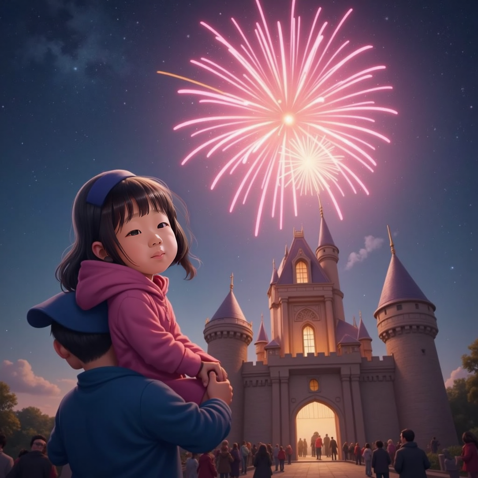 Under starry night beside the illuminated castle, Mia sits on Mia's dad with short black hair wearing a blue baseball cap's shoulders, eyes shining upward as brilliant fireworks burst in pink and gold over the glowing turrets.