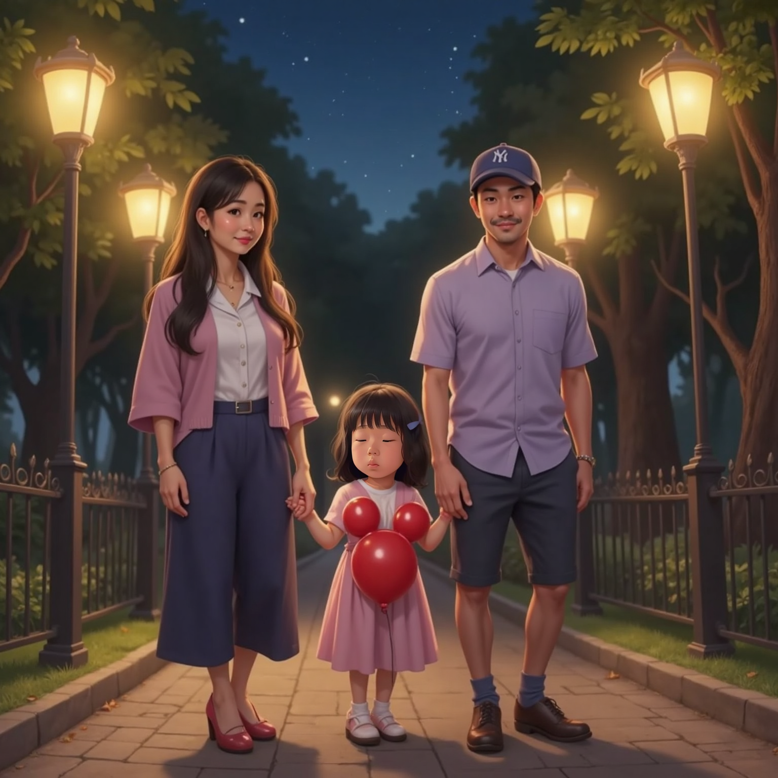 Nighttime lamplight lines the park exit as Mia, eyes drooping, cuddles her red Mickey balloon while walking between Mia's mom with shoulder-length black hair wearing a lavender blouse and Mia's dad with short black hair wearing a blue baseball cap.