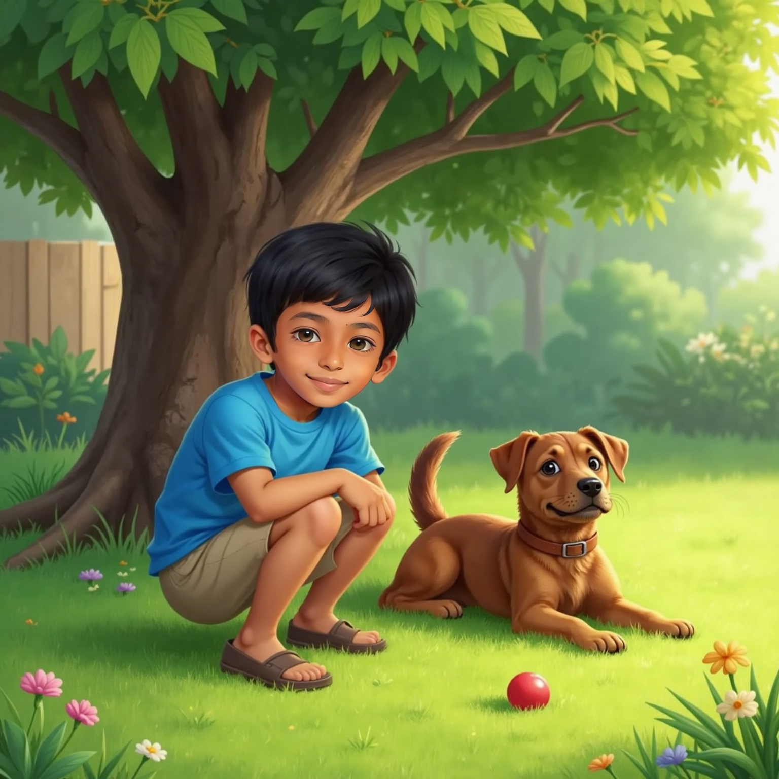 In a sunny yard beneath a leafy tree, Siva Avaneesh crouches beside a sleeping brown dog that gently wags its tail; morning light filters through branches, casting dappled shadows around them.