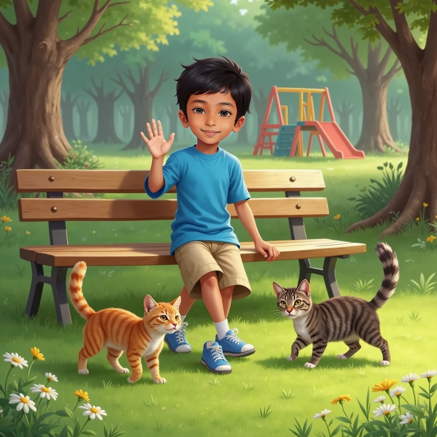 By a wooden park bench under bright midday sun, Siva Avaneesh waves while two striped cats chase each other around his feet, their tails curling playfully across the short green grass.