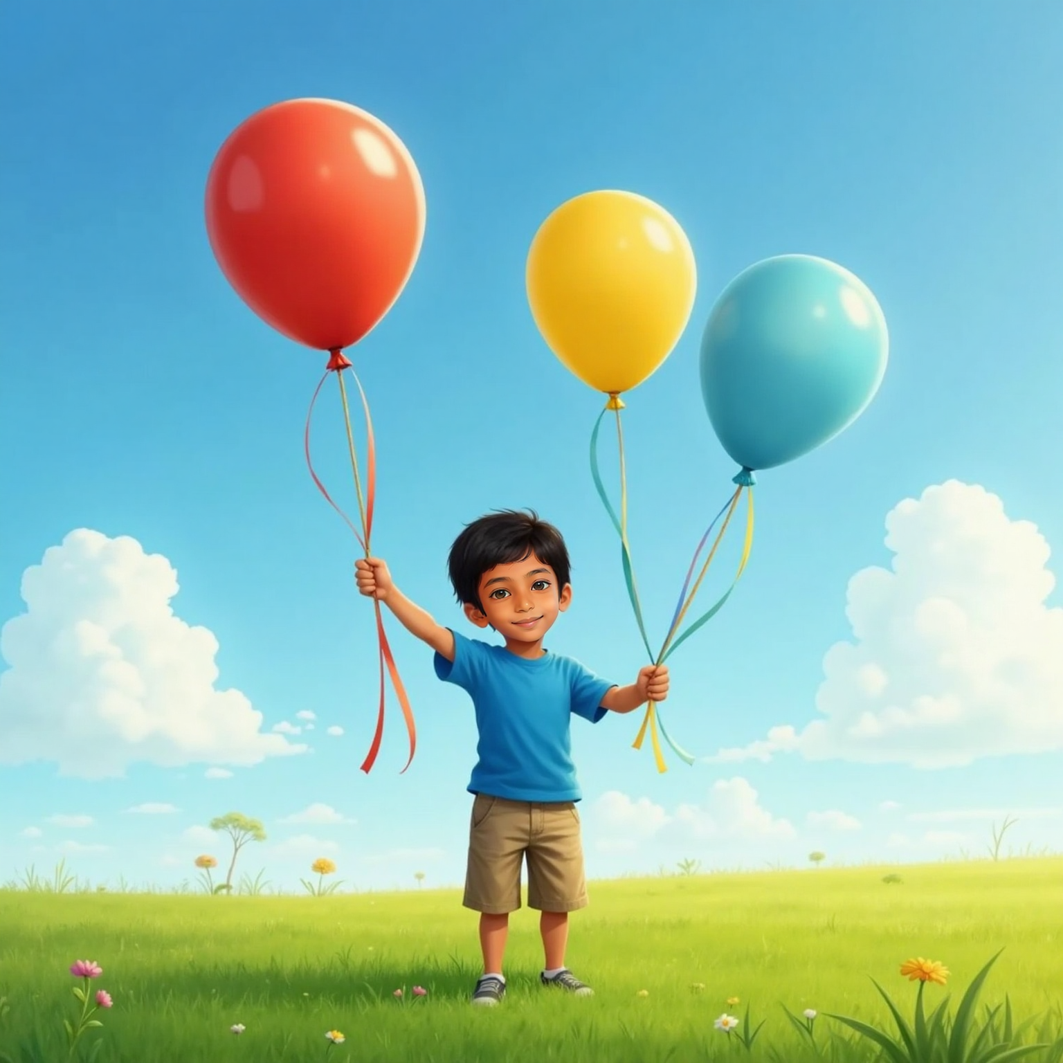On an open grassy field beneath a clear blue afternoon sky, Siva Avaneesh points upward at three colorful balloons drifting together, sunlight glinting off their ribbons in a soft breeze.