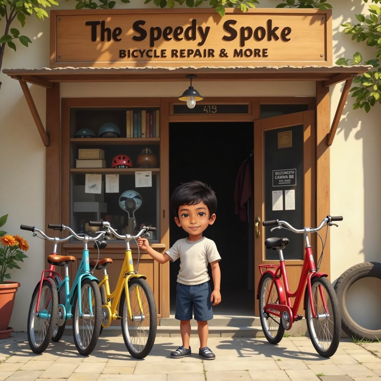 Outside a small cyle shop in warm daylight, Siva Avaneesh taps the shiny bells of four parked bicycles, a wooden sign casting a gentle shadow.