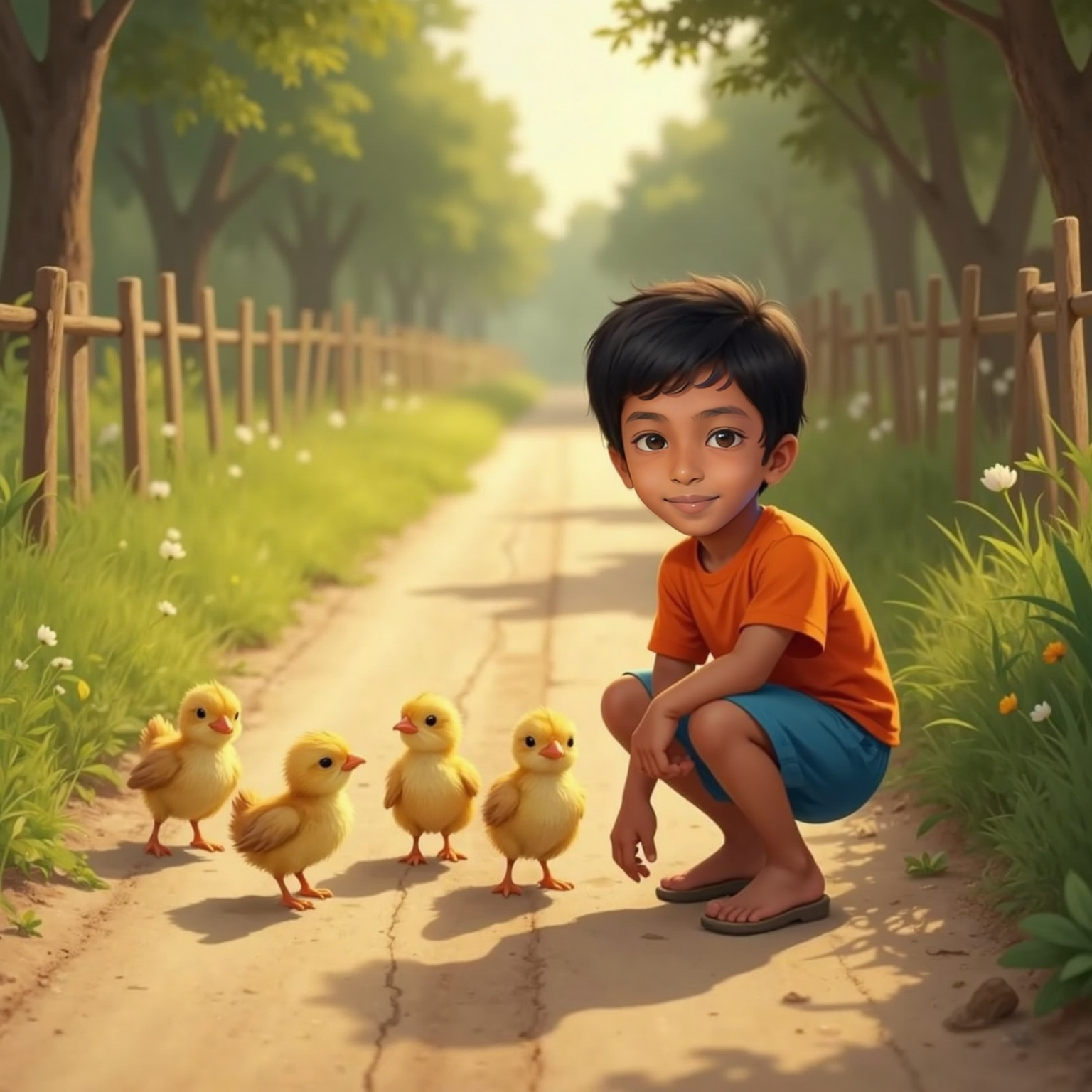 On a quiet sunlit country road, Siva Avaneesh kneels and counts five fluffy yellow chicks tottering across the dusty path, their tiny shadows stretching forward as they hurry toward tall roadside grass.