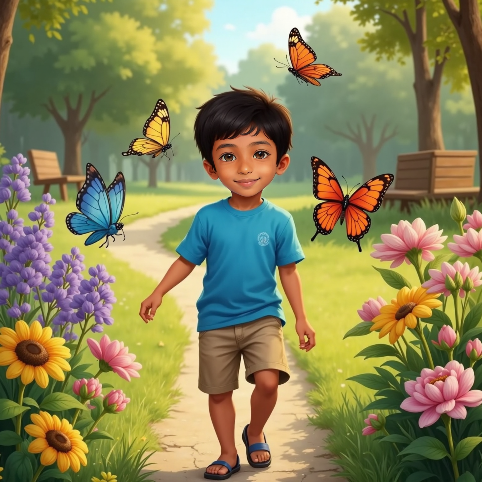 In a colorful park flowerbed under late-morning light, Siva Avaneesh tiptoes among blossoms while six butterflies—blue, yellow, red, orange,yellow,blue—flutter above his head, wings catching sunlight like stained glass.