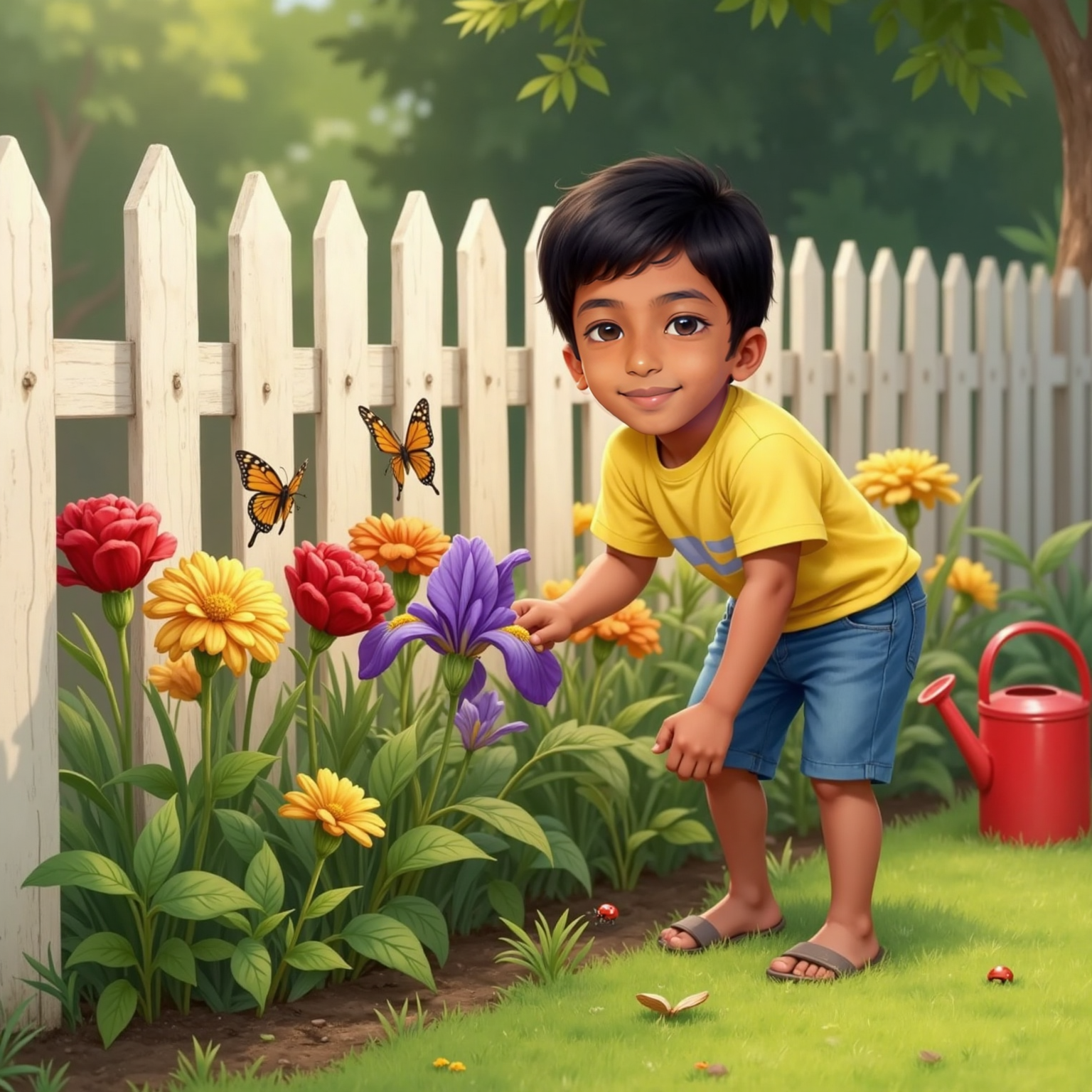 Beside a sunny garden fence at noon, Siva Avaneesh counts seven vividly colored flowers lined in a neat row, bending forward with a wide grin, petals gleaming like a miniature rainbow.