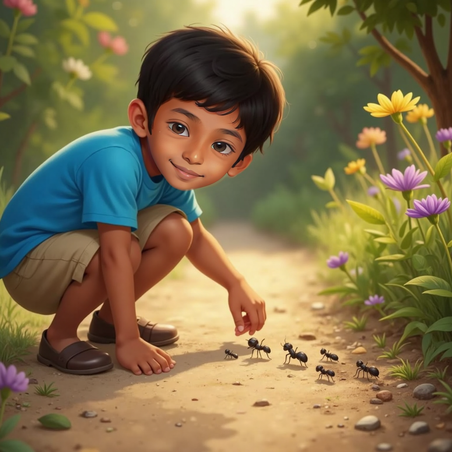 Along a dusty garden path in afternoon glow, Siva Avaneesh crouches inches from eight tiny ants marching single-file, his finger hovering above the line while sunlight sparkles on their minuscule bodies.