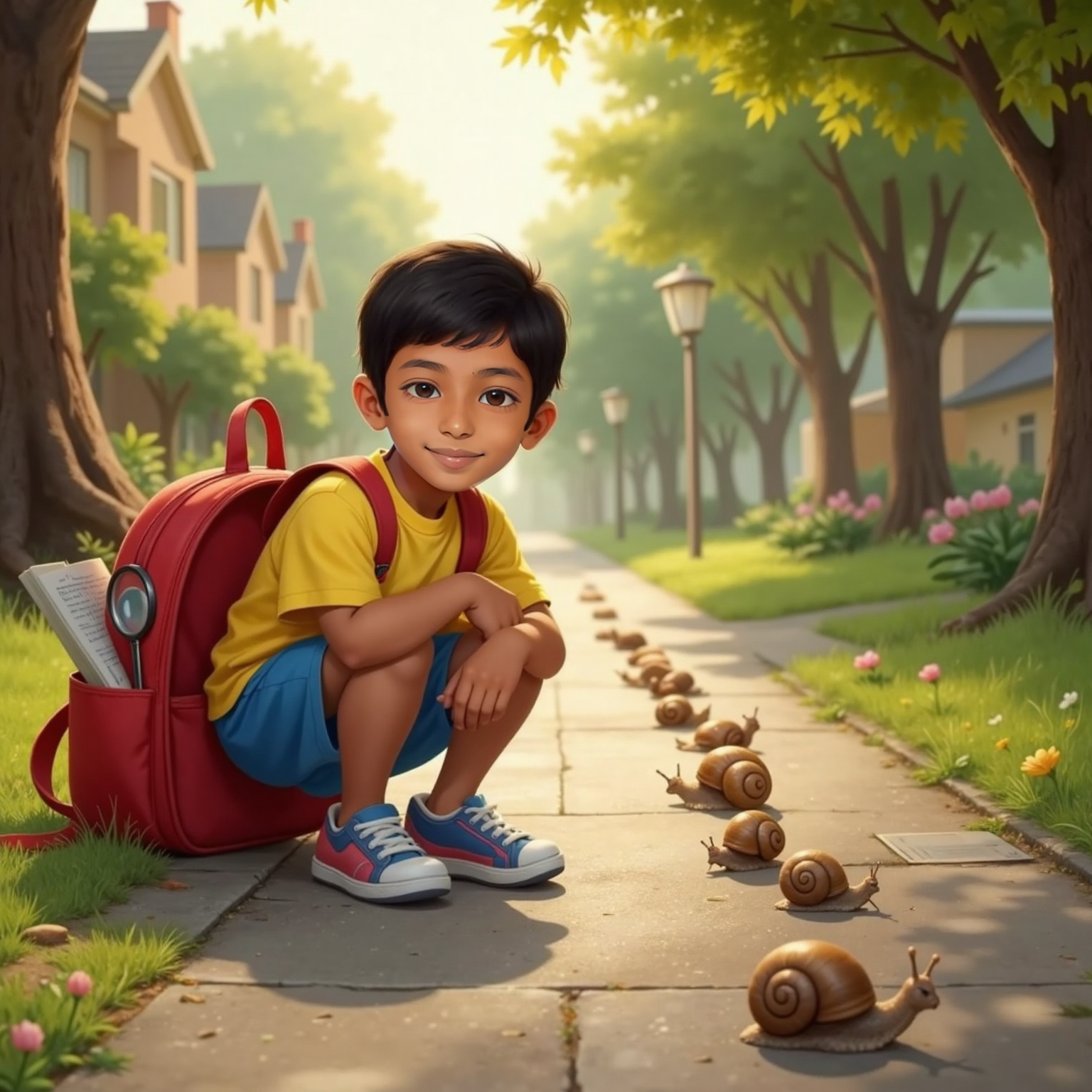 Under soft late-afternoon shade of roadside trees, Siva Avaneesh squats beside a damp sidewalk where nine brown-shelled snails glide in a row, silver trails glimmering behind them on the concrete.