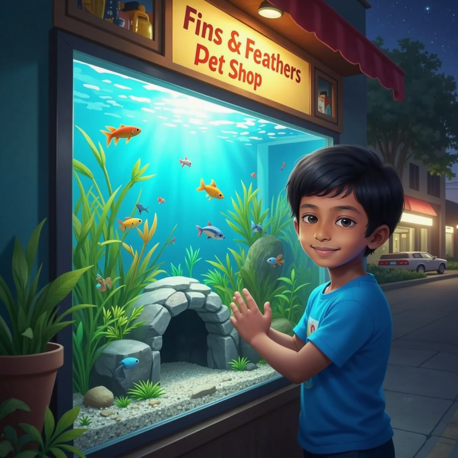 Outside a brightly lit pet-shop window at dusk, Siva Avaneesh presses both hands to the glass, watching 10 colorful fish zip through the illuminated tank between plastic plants and stone caves.