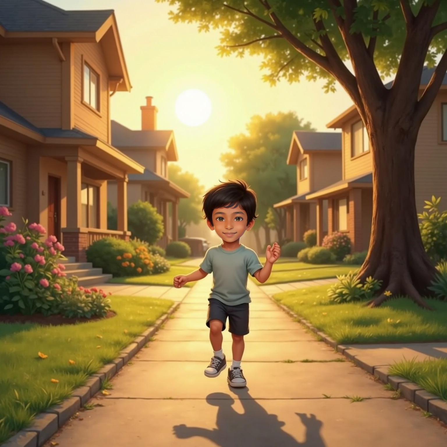 On the evening sidewalk leading home, golden sunset light behind him, Siva Avaneesh skips joyfully past familiar houses, arms swinging and sneakers catching warm highlights as he recalls every creature he counted.