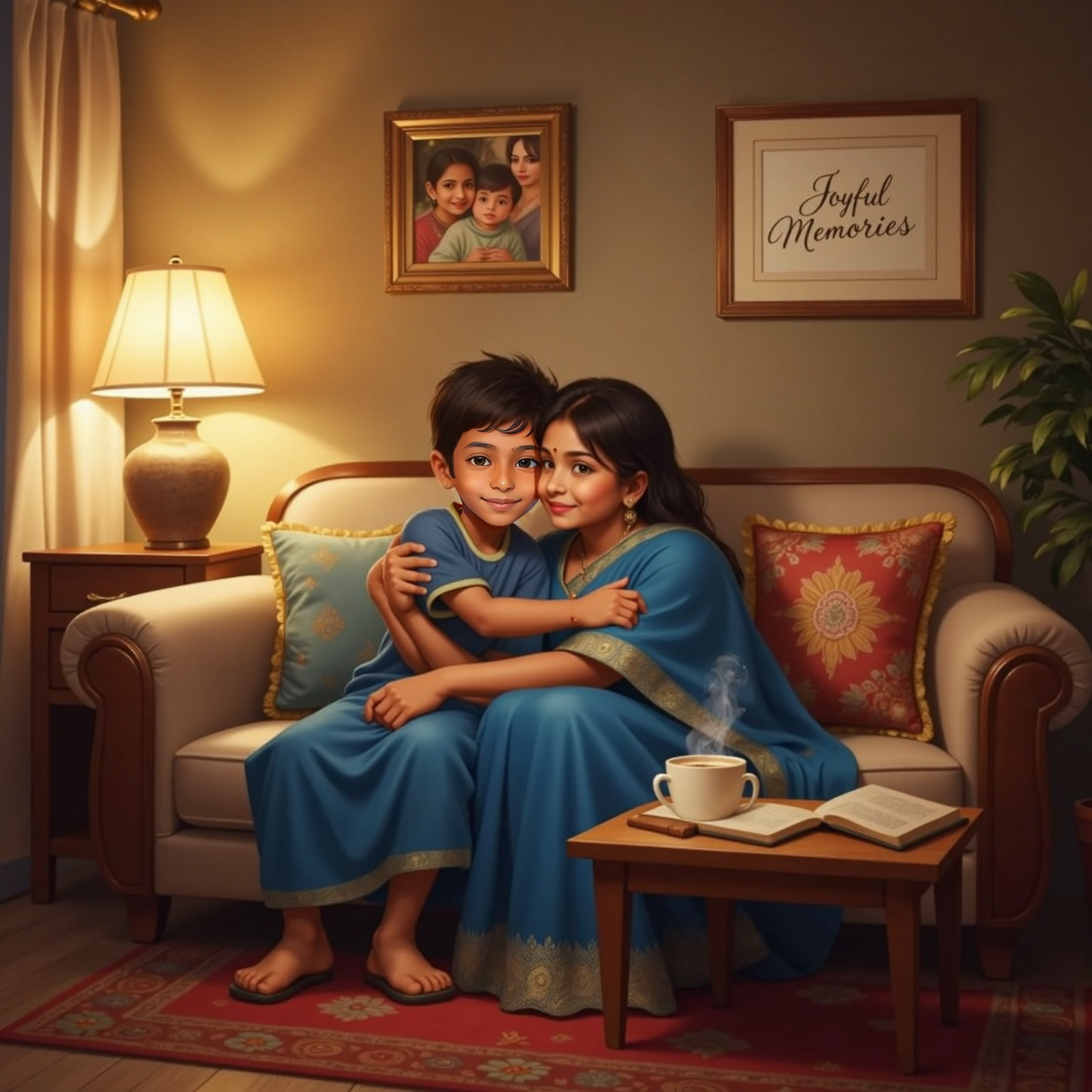 Inside a cozy living-room bathed in soft lamplight, Siva Avaneesh hugs his smiling mom wearing a blue sari beside a cushioned sofa, his eyes shining as he shares the day's adventures, framed family photos glowing on the wall.
