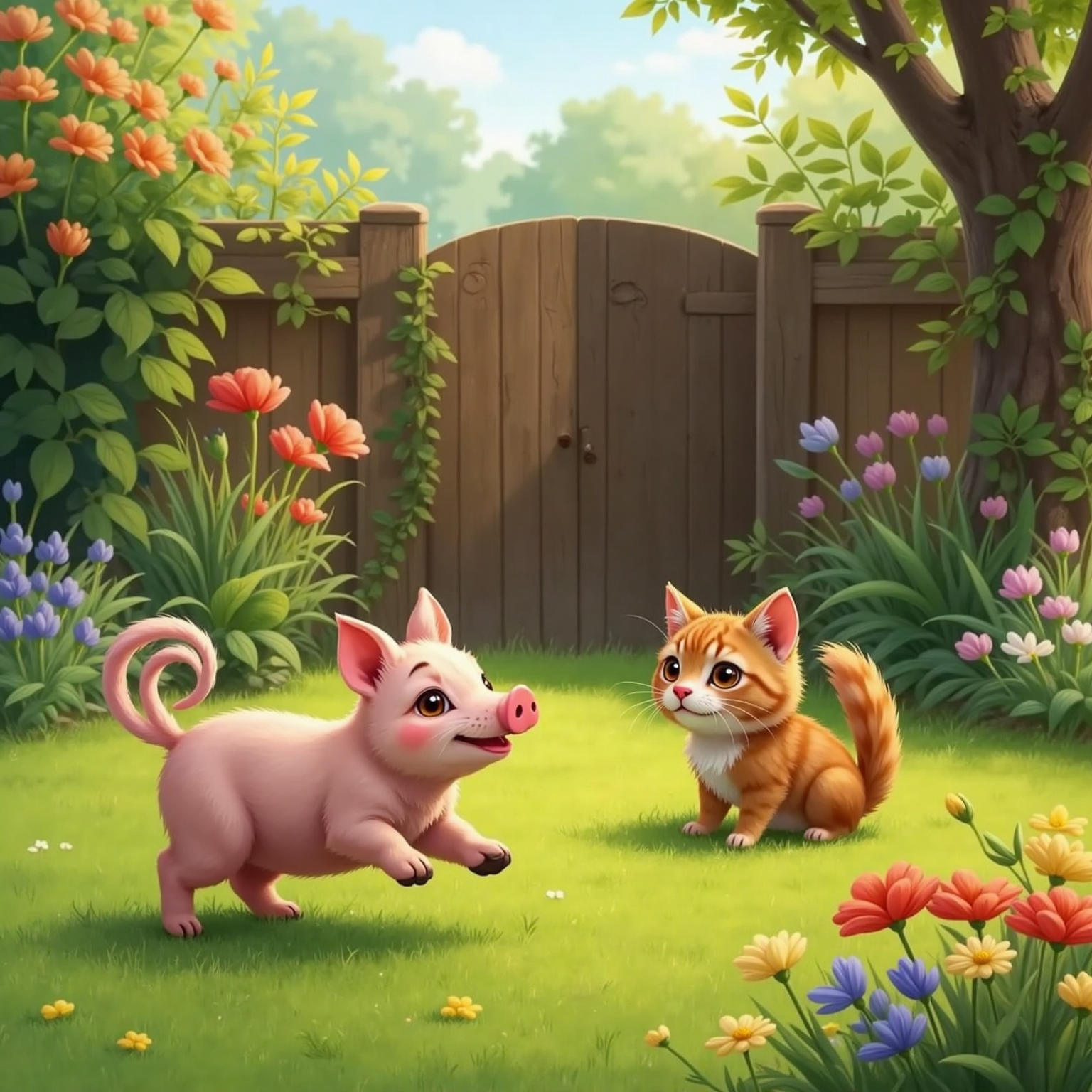 Sunny garden, afternoon outdoor light: Cathy the fluffy orange cat crouches on green grass, laughing as chubby cheerful Pippa spins in circles trying to catch her curly tail; colorful flowers and a wooden fence frame the playful scene.
