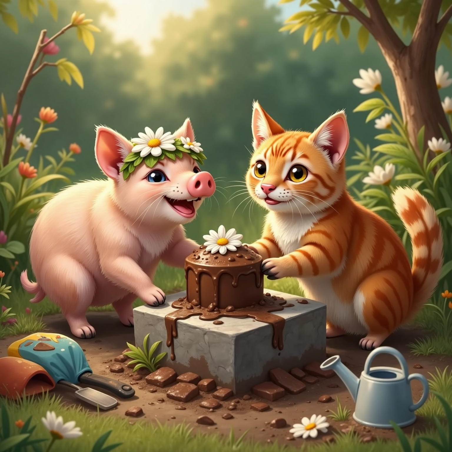 Muddy garden patch, late afternoon sun: chubby cheerful Pippa lifts a sloppy mud pie on a flat stone while Cathy, fluffy orange cat, places fresh daisies and green leaves atop; both smile proudly beside scattered gardening tools.