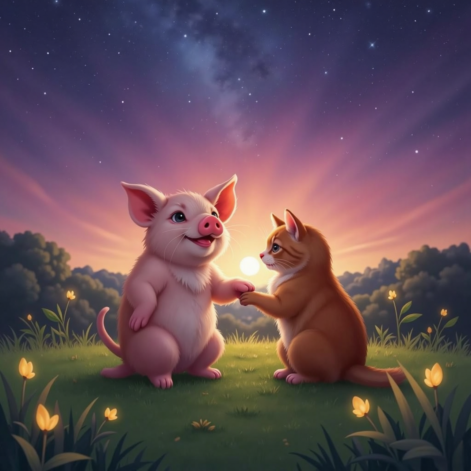 Grassy hill at twilight: Cathy and Pippa sit side by side facing a pink-and-purple sunset, Pippa’s hoof around Cathy’s shoulders; first stars shimmer above, fireflies dot the dusky air, creating a calm, glowing farewell.