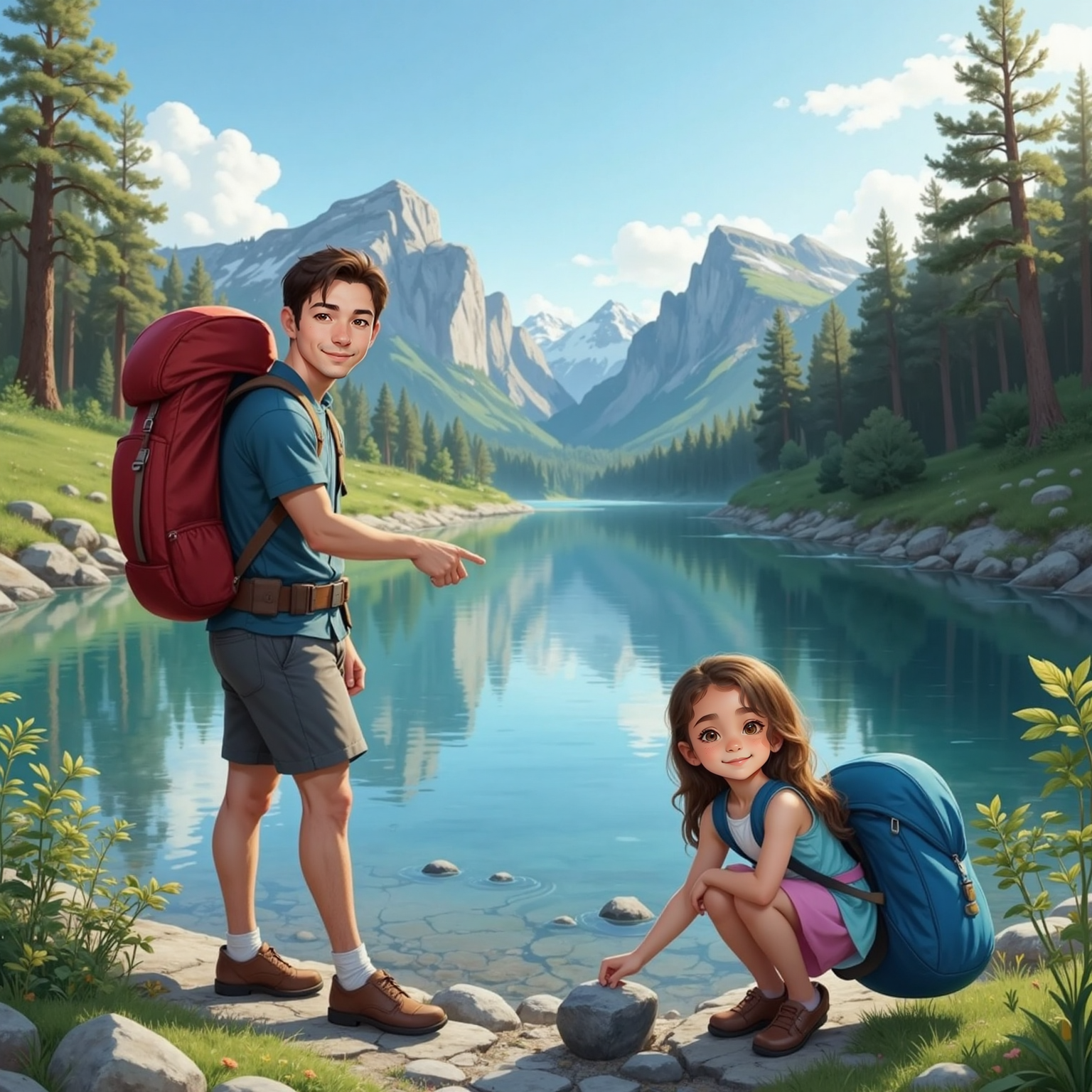On a sunny mountain lakeshore, Julianna kneels near a shimmering blue pond, smiling while picking a smooth stone, as Tata stands beside her with two backpacks, pointing toward distant peaks. Warm midday light sparkles on the water.