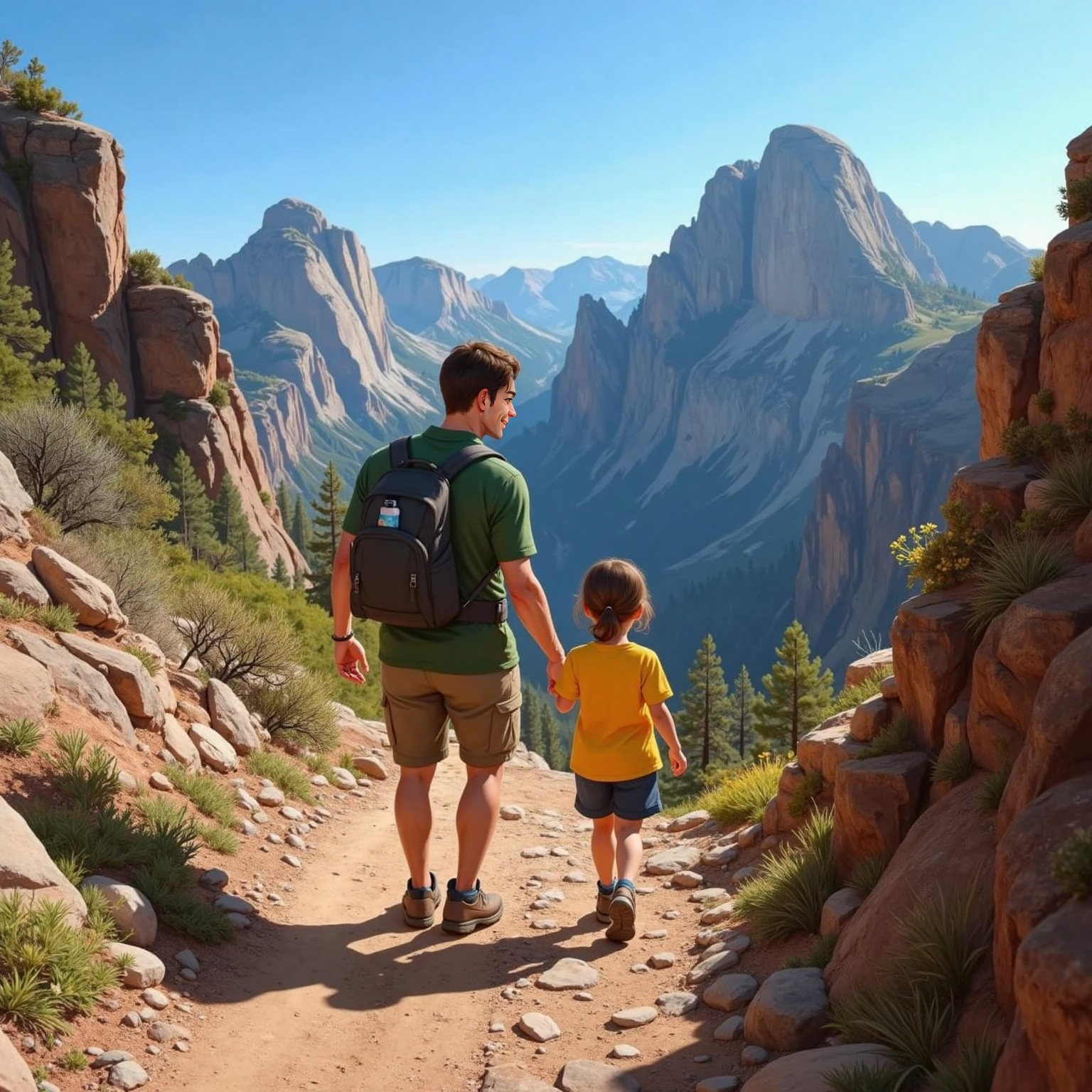Along a steep, sun-drenched mountain path, Tata reaches back to grasp Julianna’s hand as she steps upward, determined face glowing; jagged peaks rise behind them. Clear afternoon light casts sharp shadows on the rocky trail.