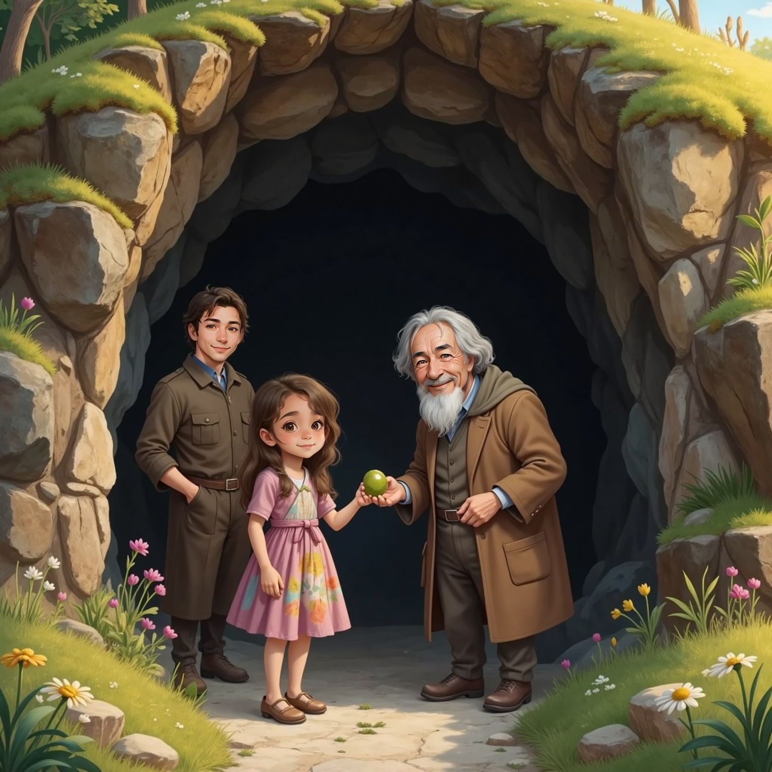 At the shaded entrance of a rocky cave in late afternoon, Pustelnik with a long grey beard gently hands a small luck-stone to smiling Julianna, while Tata watches proudly. Golden light edges the surrounding cliffs.