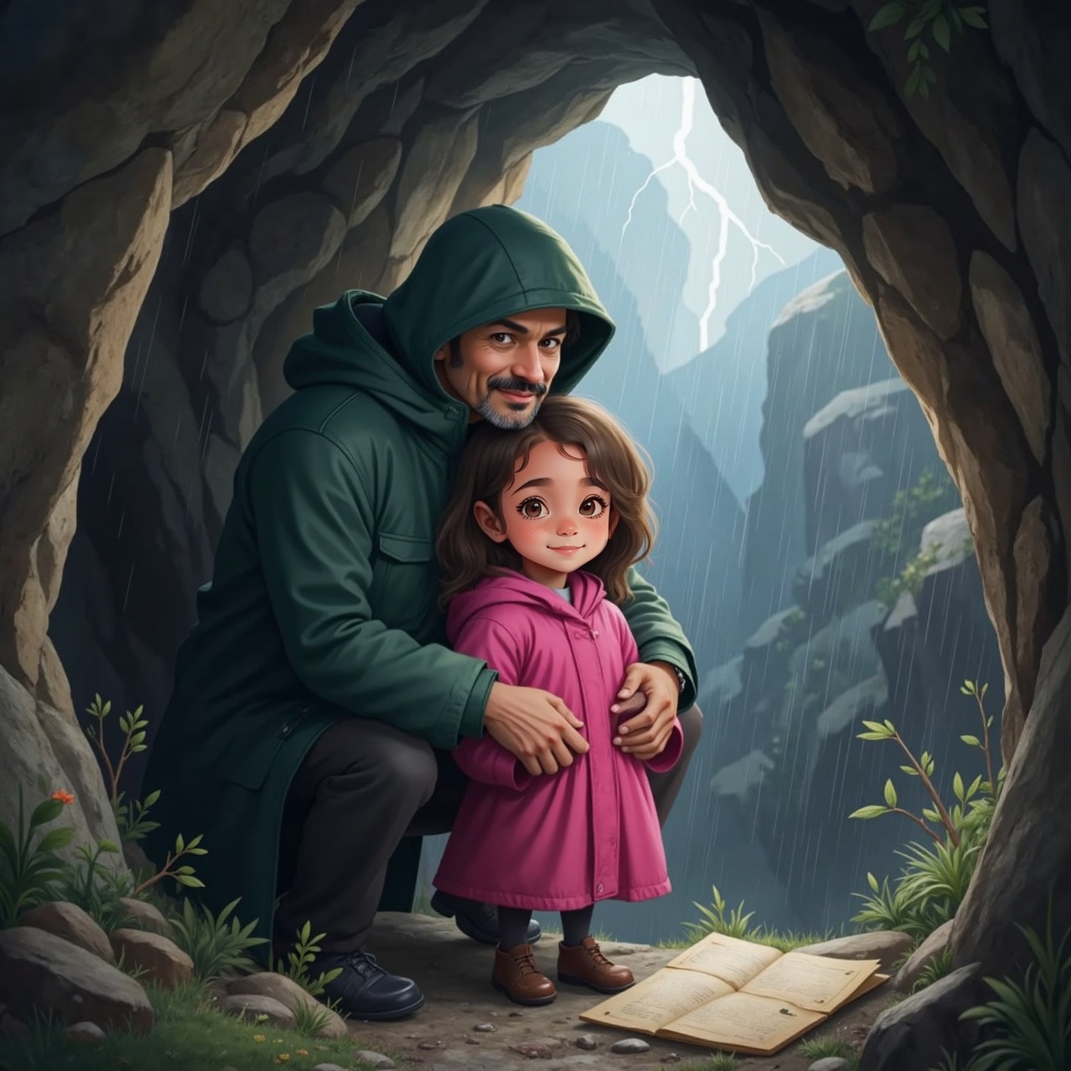 Inside a narrow rock overhang during a dark storm, Julianna huddles against Tata’s side as he wraps an arm around her, a folded map lying nearby. Heavy rain sheets blur the grey mountains beyond the entrance.
