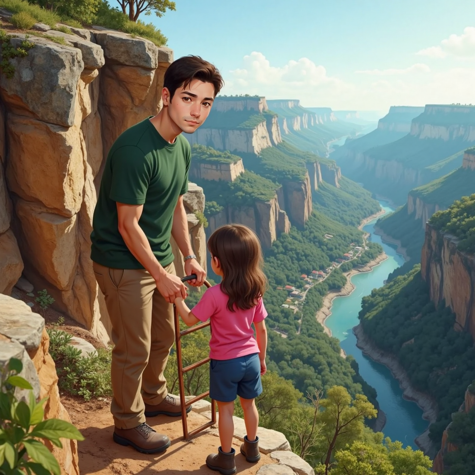 Midday sun gleams on a narrow cliff ledge where Tata steadies Julianna as she climbs a rusty metal ladder fixed to rock; she grips a rung, determined yet cautious. Far below, emerald valleys fade into hazy distance.
