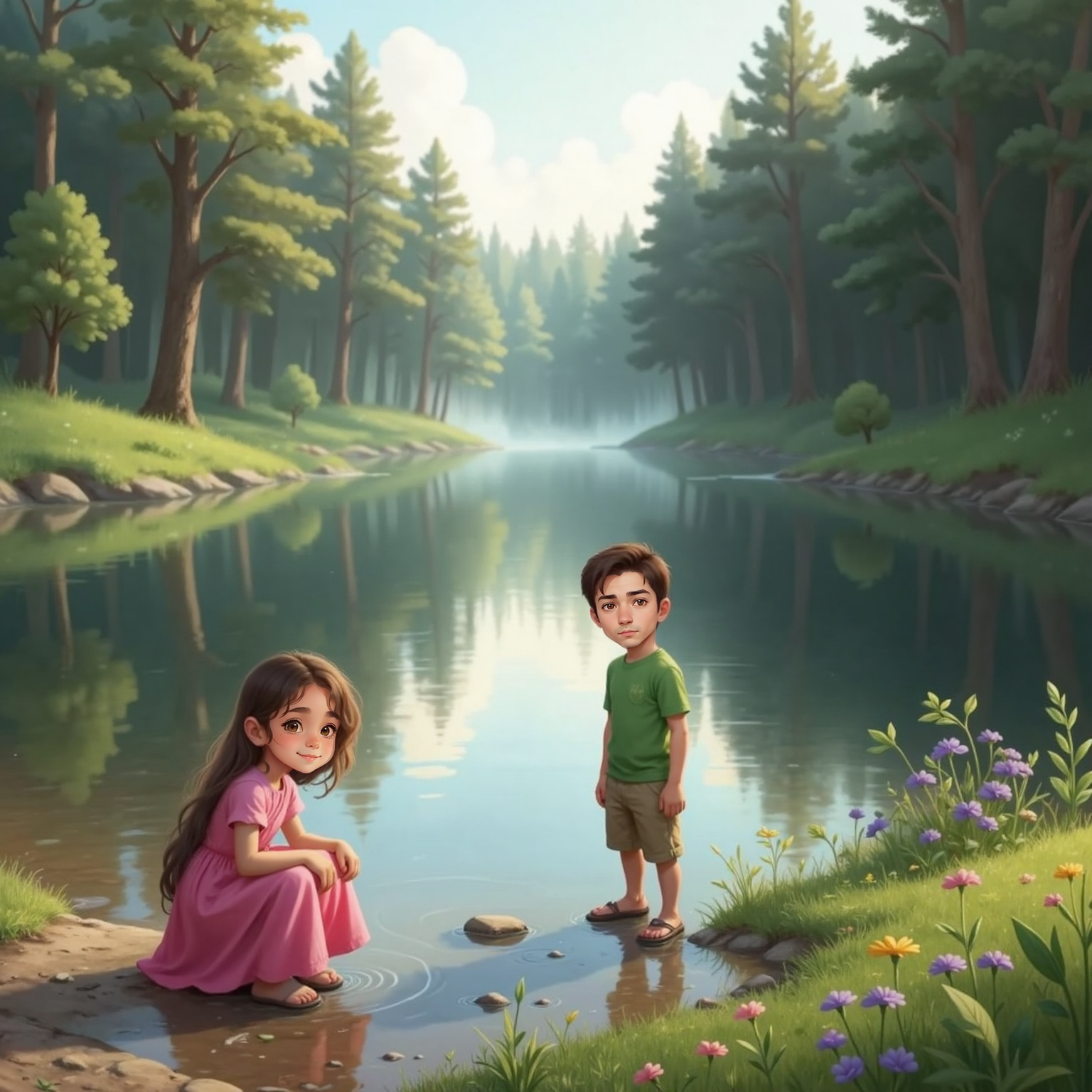 On a quiet forest lakeshore under soft morning light, Julianna kneels to touch the mirror-still water of the uncharted lake while Tata stands amid blooming wildflowers, both gazing at their reflections. Tall evergreens frame the hidden scene.
