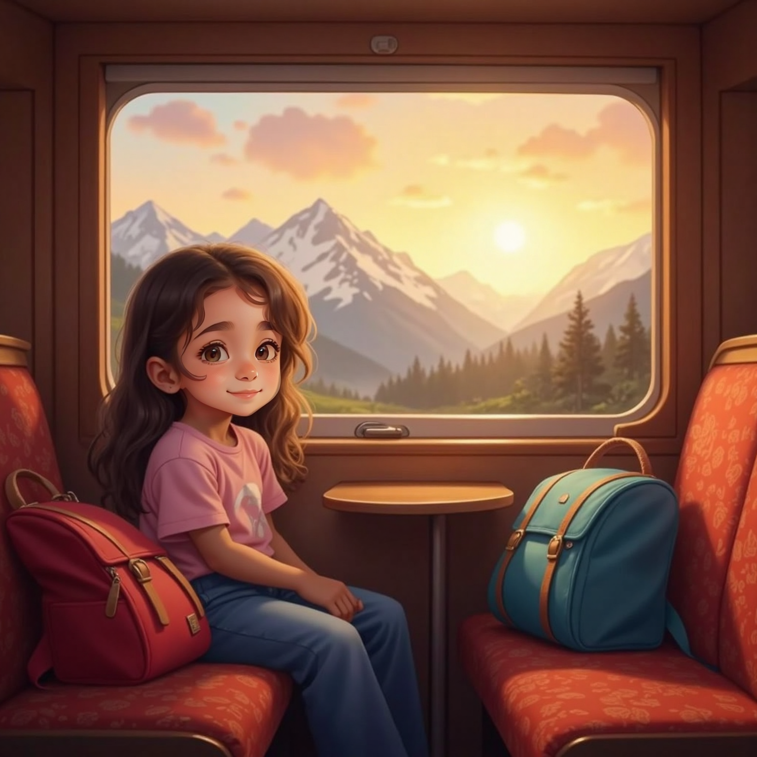 Inside a gently rattling bus during golden sunset, Julianna leans against Tata’s shoulder by the window, watching sun-lit Tatra peaks recede, their packed backpacks resting on the seat beside them. Warm light paints the interior with amber tones.