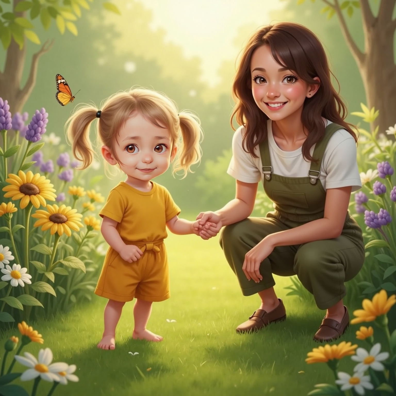 In the backyard garden at sunrise, Kaja stands barefoot in dewy grass with sunlight warming her cheeks. A smiling adult woman with brown hair crouches nearby, gesturing toward the flowerbeds as she invites Kaja to search for garden secrets.