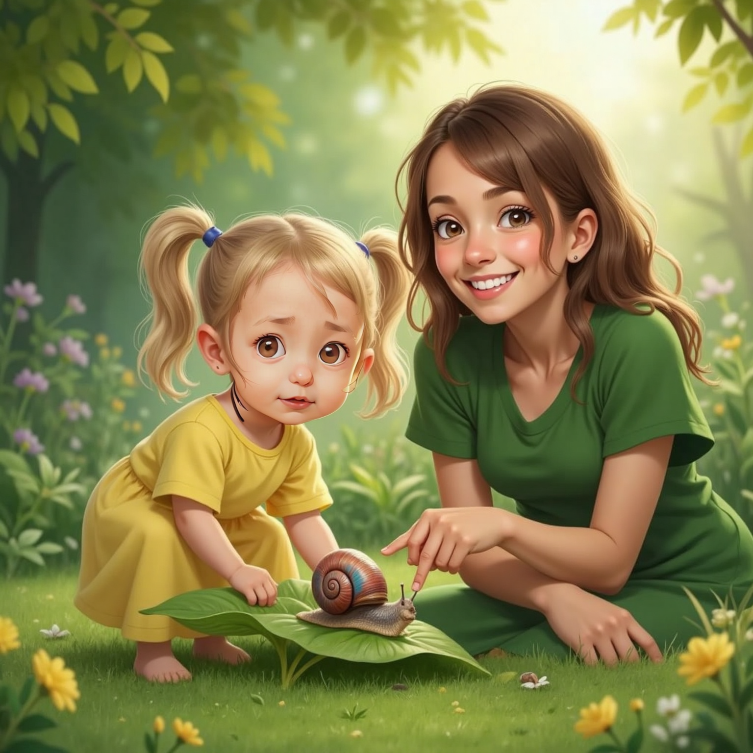 In morning shade, Kaja leans over a large green leaf where a colorful striped snail inches along. A smiling adult woman with brown hair stands beside her, explaining facts while Kaja points at the shell shaped like a tiny house.