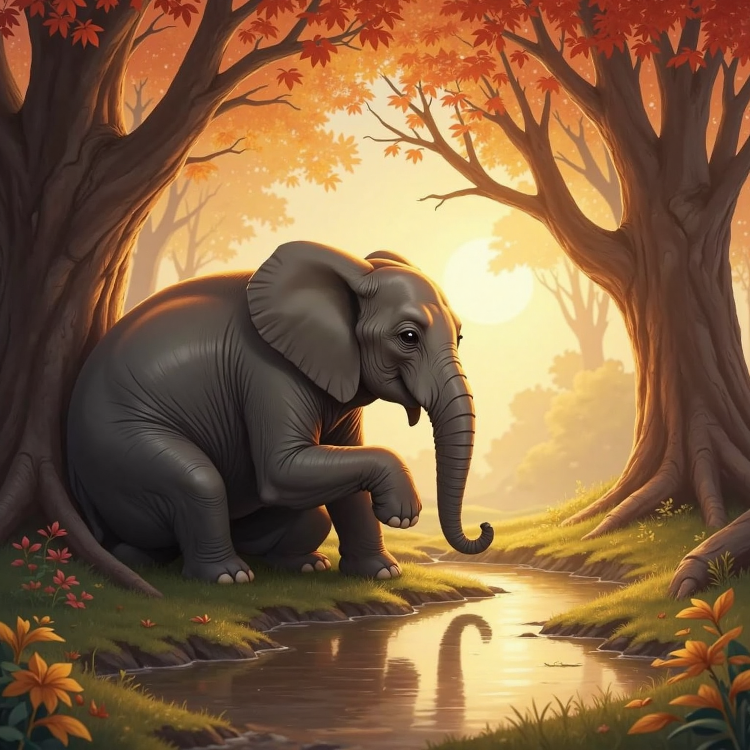 Quiet grove at sunset, golden rays filtering through thin branches onto fallen leaves. الفيل دهشان sits alone against a trunk, eyes lowered and trunk curled inward, pondering silently beside a small puddle reflecting the amber sky.