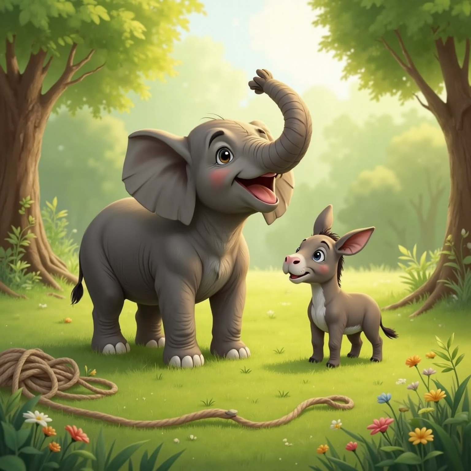 Grassy clearing beneath soft afternoon light. الفيل دهشان beams, trunk lifted proudly, while الحمار حمال stands beside him, warm smile and gentle nod; fallen ropes from the trap lie in the background as quiet reminder of victory.